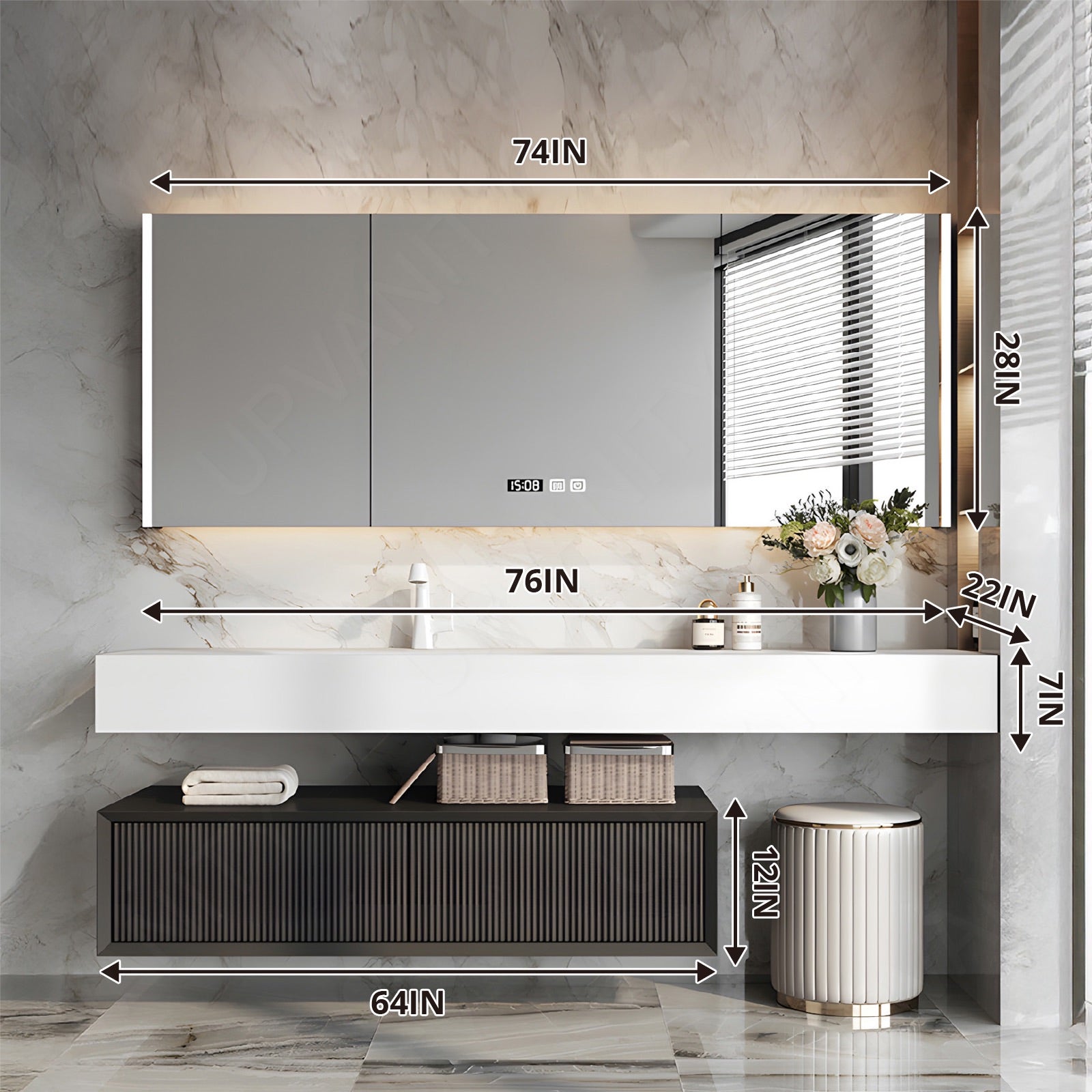 Modern Bath Vanity Set, Black, Split White Top, 56"-78", Single, Floating, Striped Panel, Smart LED Mirror, Rear Cabinet