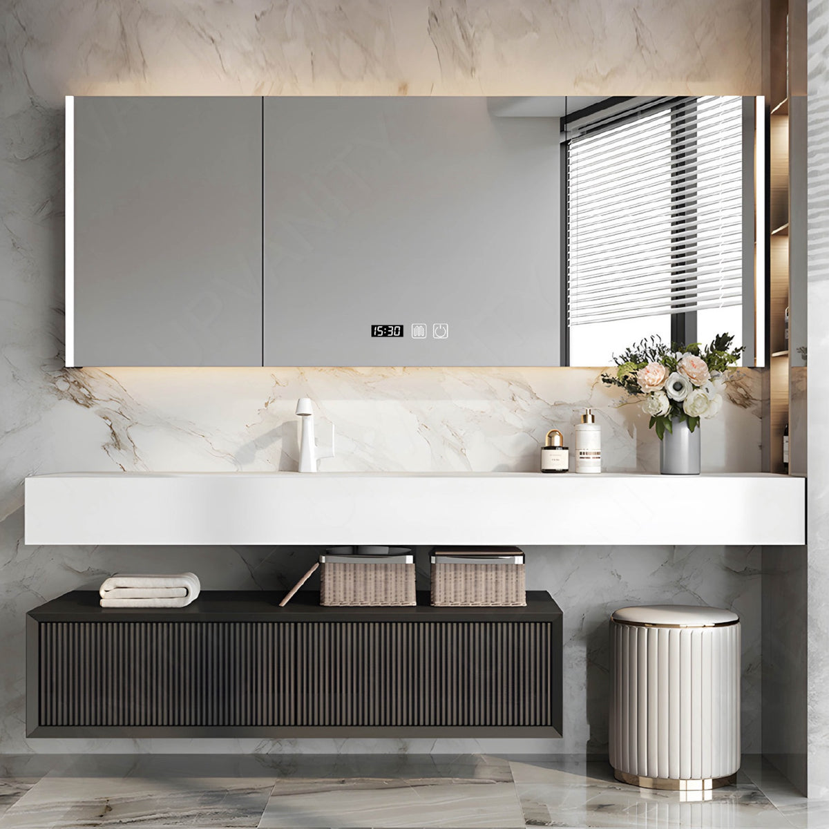 Modern Bath Vanity Set, Black, Split White Top, 56"-78", Single, Floating, Striped Panel, Smart LED Mirror, Rear Cabinet