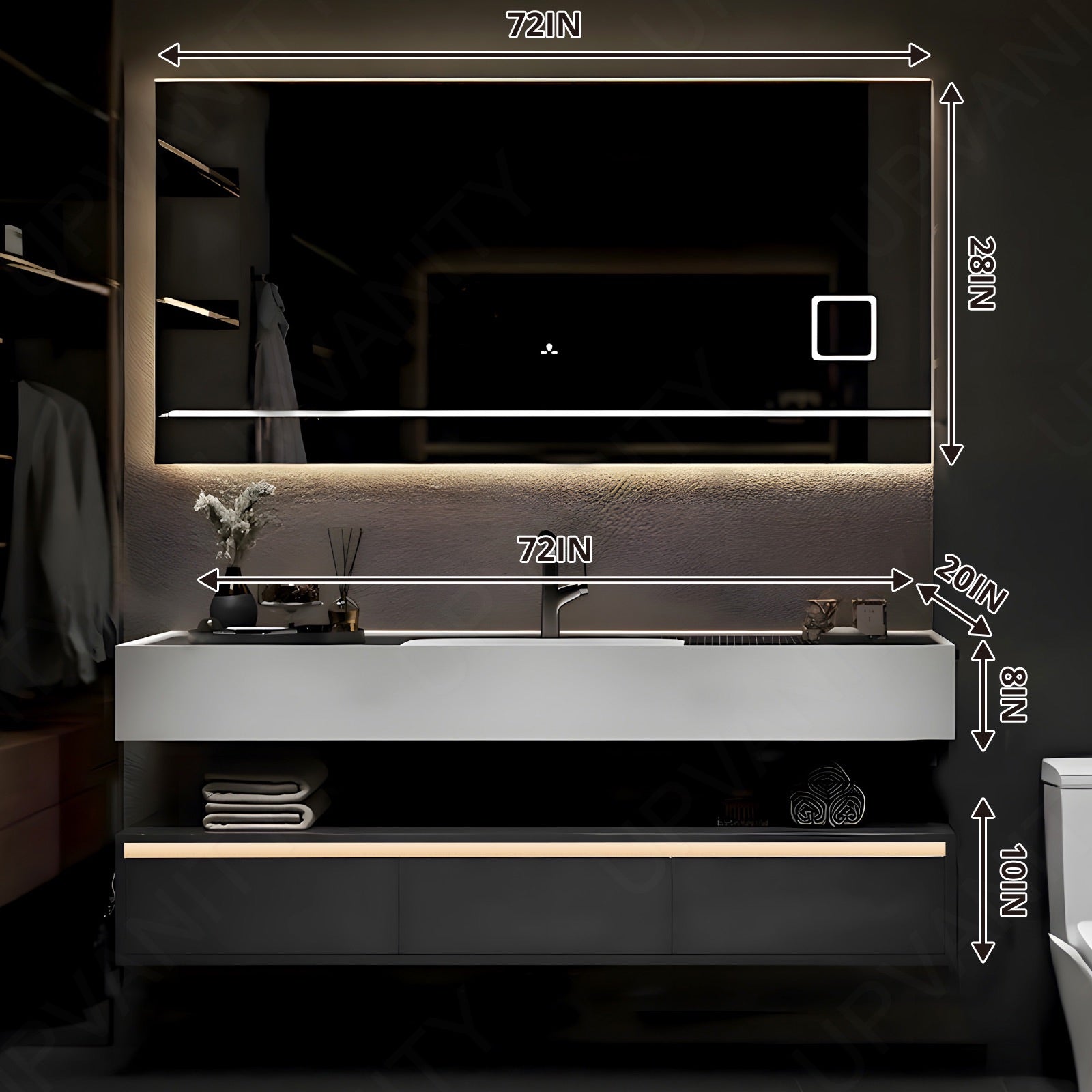 Modern Bath Vanity Set, Black, Split White Top, Open Storage, 36“-76”, Single, Floating, Smart LED Mirror