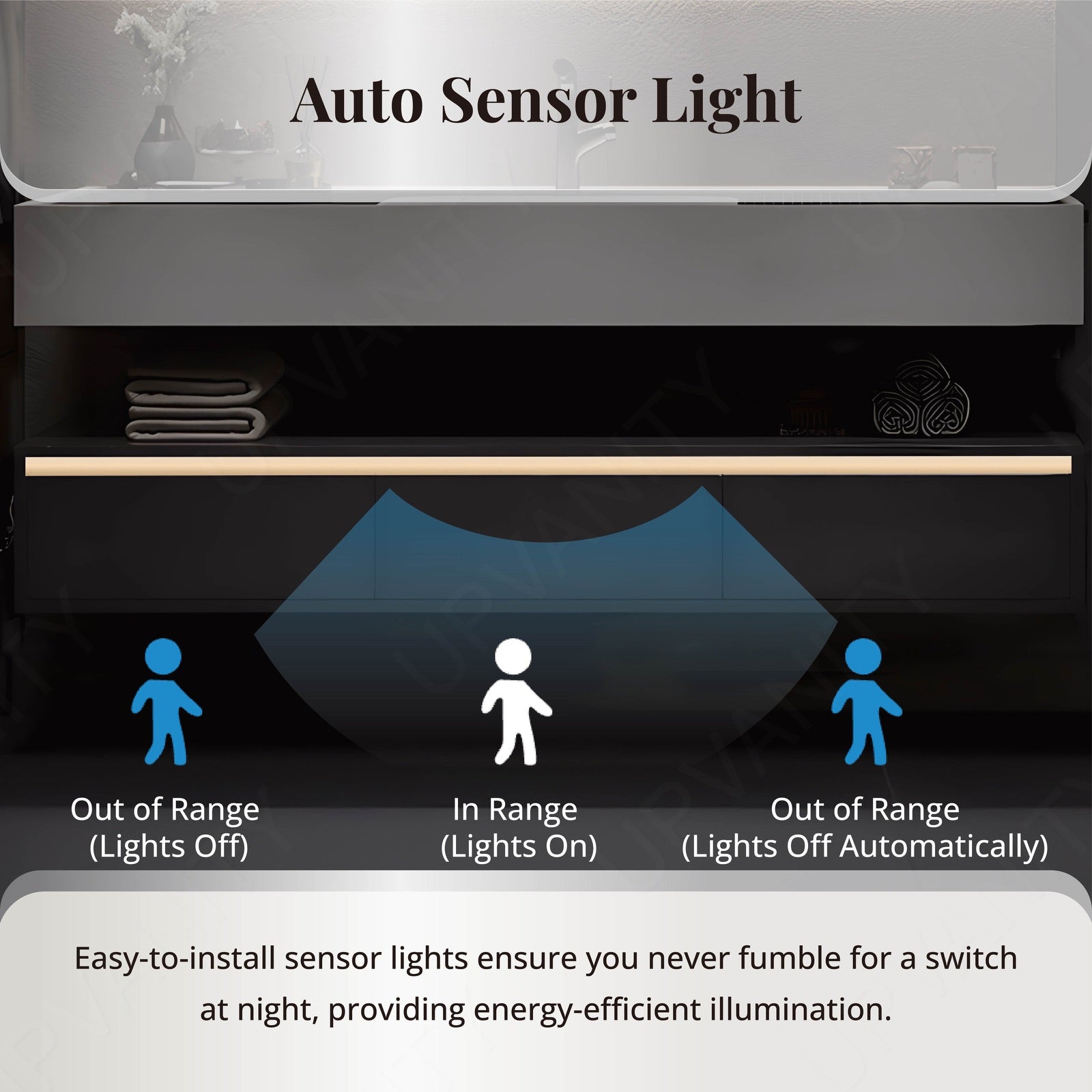 Modern Bath Vanity Set, Black, Split White Top, Open Storage, 36“-76”, Single, Floating, Smart LED Mirror