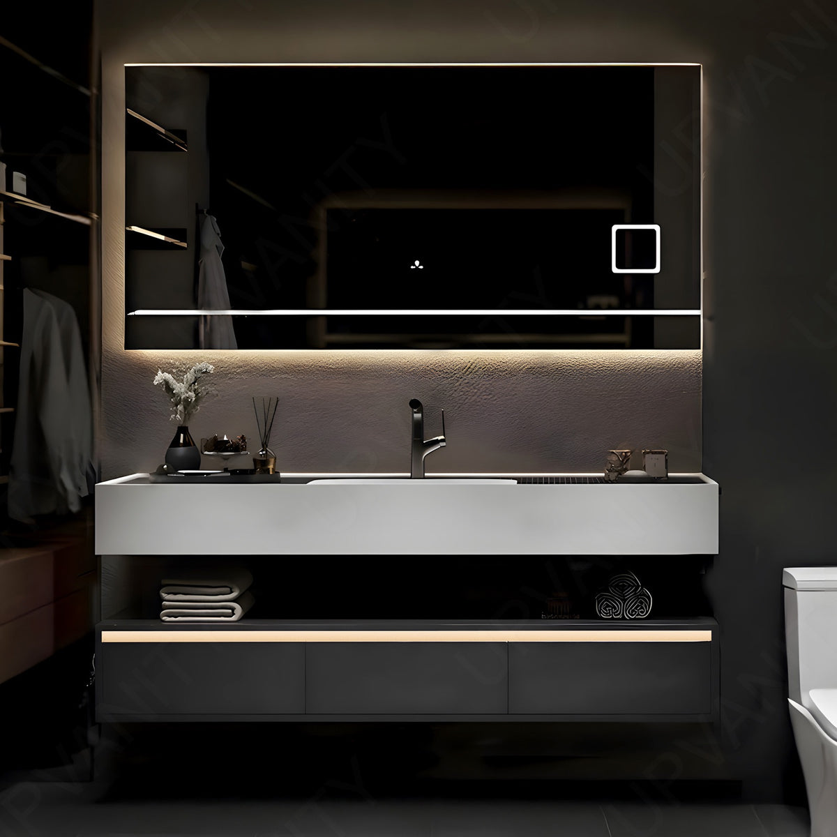 Modern Bath Vanity Set, Black, Split White Top, Open Storage, 36“-76”, Single, Floating, Smart LED Mirror