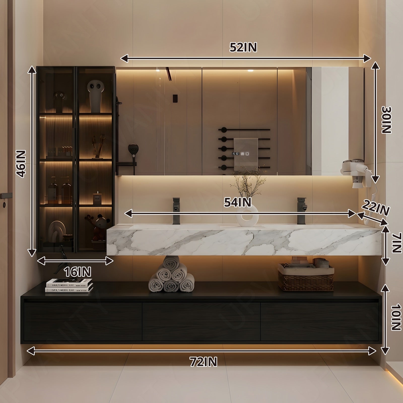 Modern Bath Vanity Set, Black, Split White Top, Open Storage, 52"-76", Single, Floating, Glass Door, Smart LED Mirror, Line/Rear Cabinet
