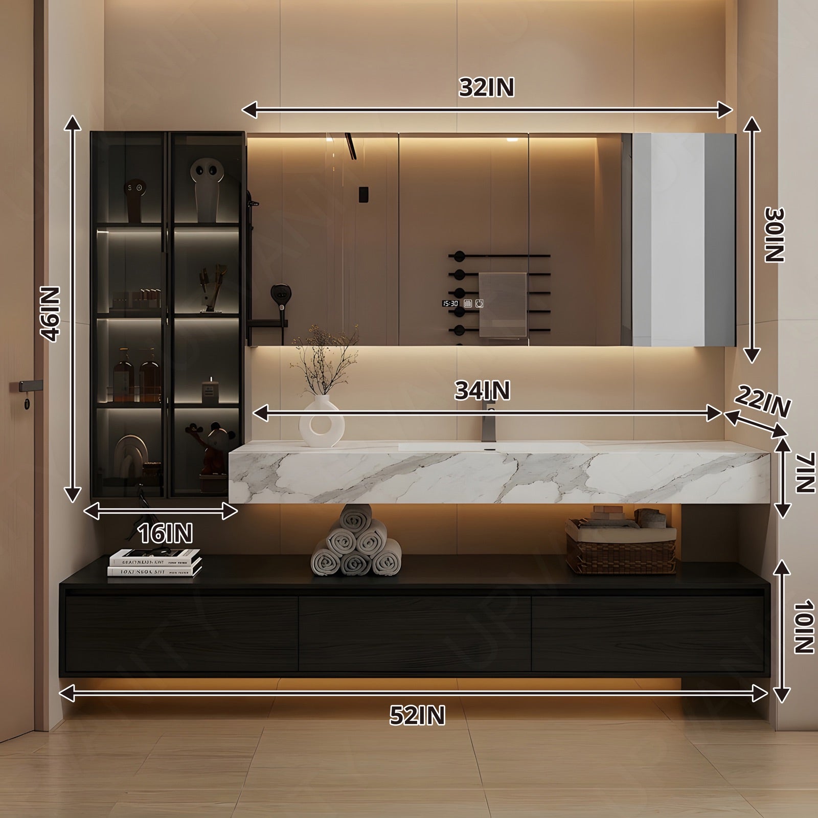 Modern Bath Vanity Set, Black, Split White Top, Open Storage, 52"-76", Single, Floating, Glass Door, Smart LED Mirror, Line/Rear Cabinet
