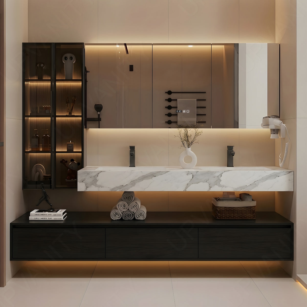 Modern Bath Vanity Set, Black, Split White Top, Open Storage, 52"-76", Single, Floating, Glass Door, Smart LED Mirror, Line/Rear Cabinet