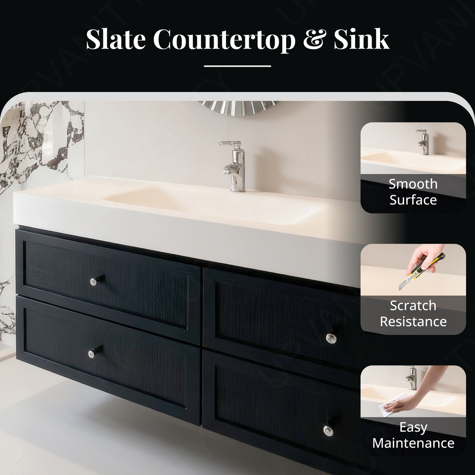 Modern Bath Vanity Set, Black, Square Panel, 40"- 60", Single, Floating, Aesthetic, Oval Smart LED Mirror