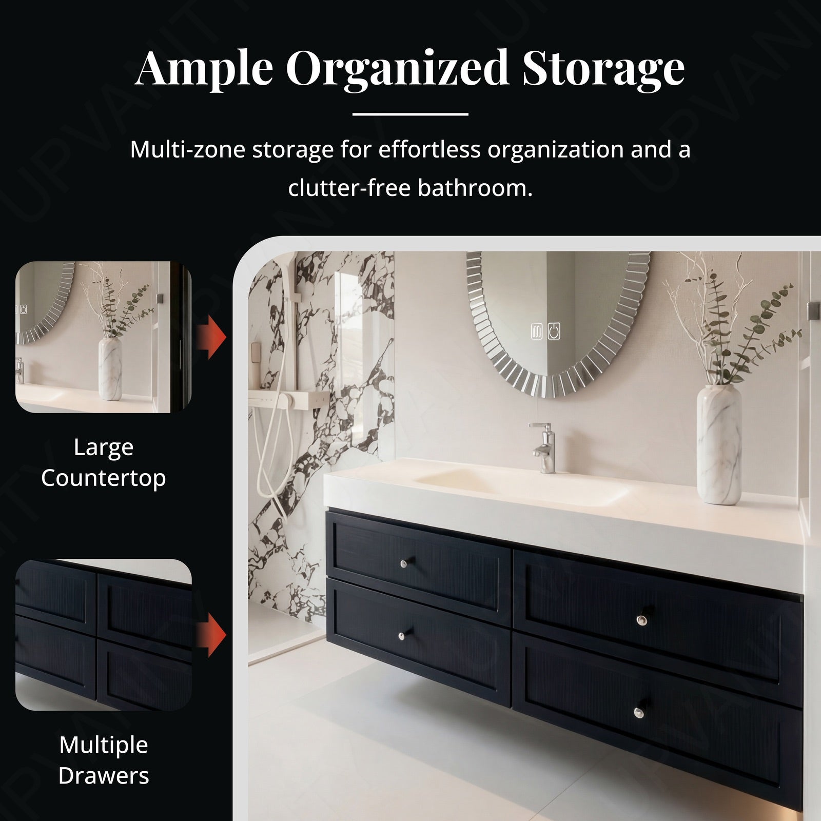 Modern Bath Vanity Set, Black, Square Panel, 40"- 60", Single, Floating, Aesthetic, Oval Smart LED Mirror
