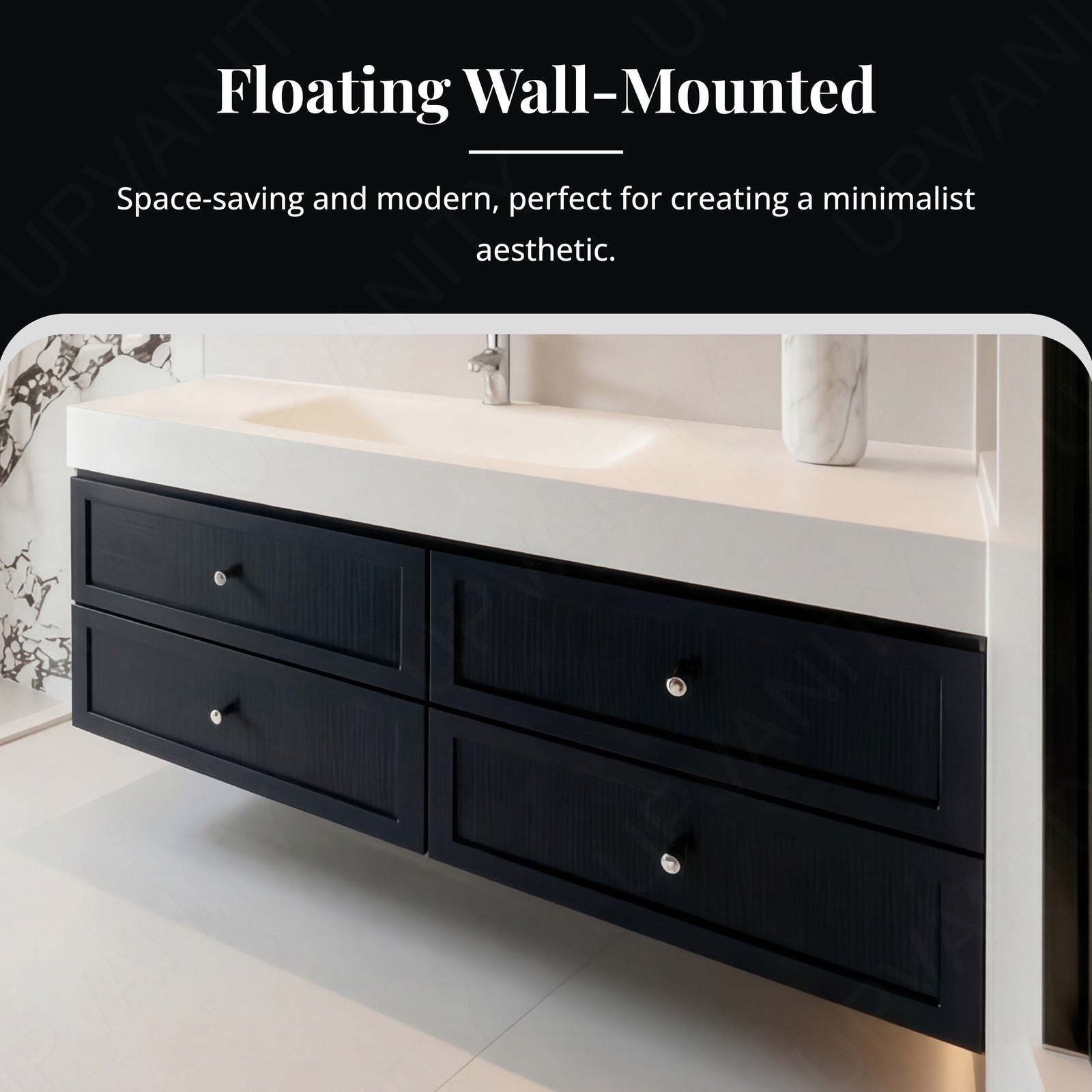 Modern Bath Vanity Set, Black, Square Panel, 40"- 60", Single, Floating, Aesthetic, Oval Smart LED Mirror