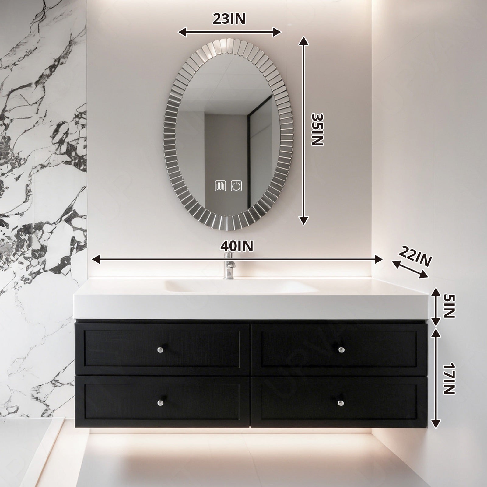 Modern Bath Vanity Set, Black, Square Panel, 40"- 60", Single, Floating, Aesthetic, Oval Smart LED Mirror