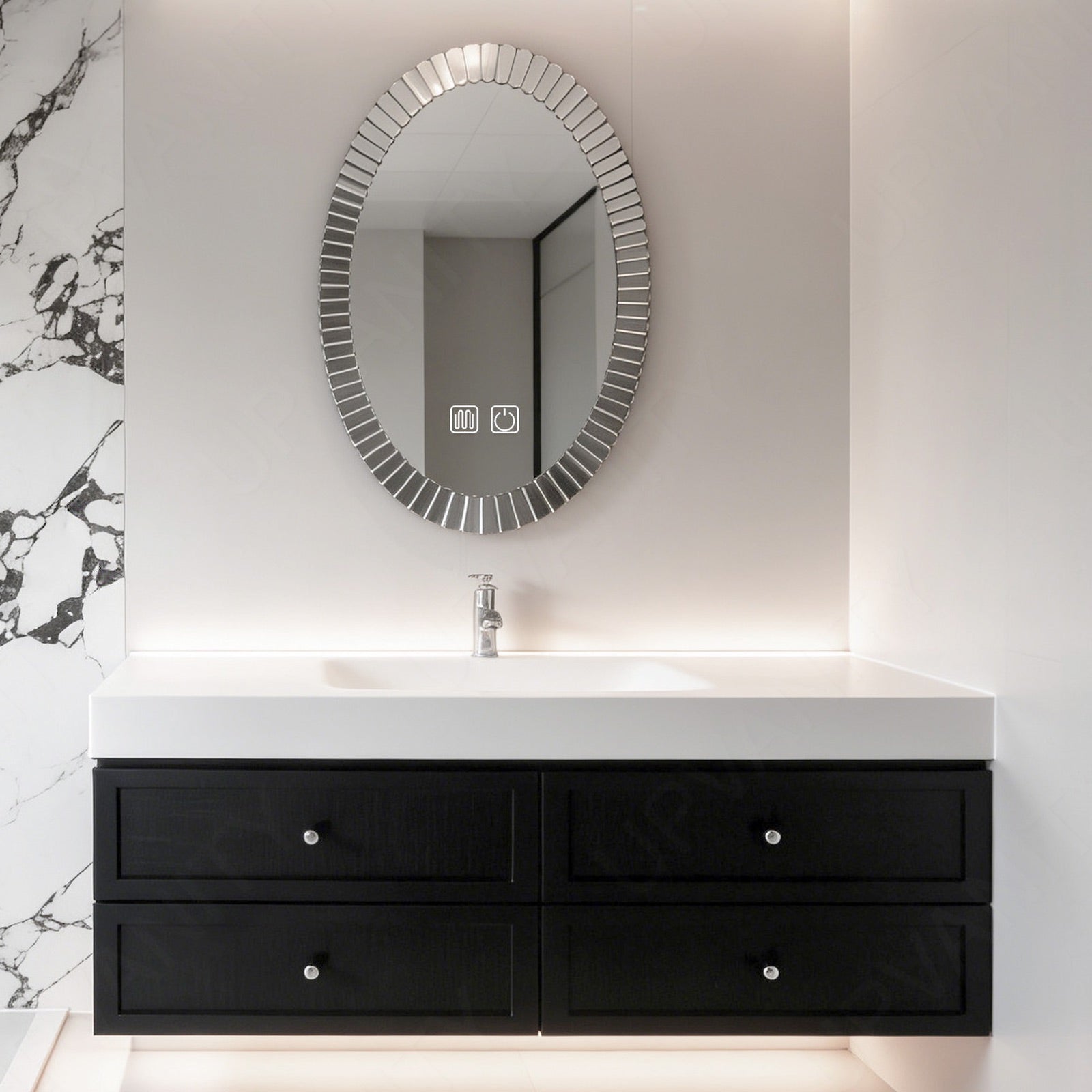 Modern Bath Vanity Set, Black, Square Panel, 40"- 60", Single, Floating, Aesthetic, Oval Smart LED Mirror