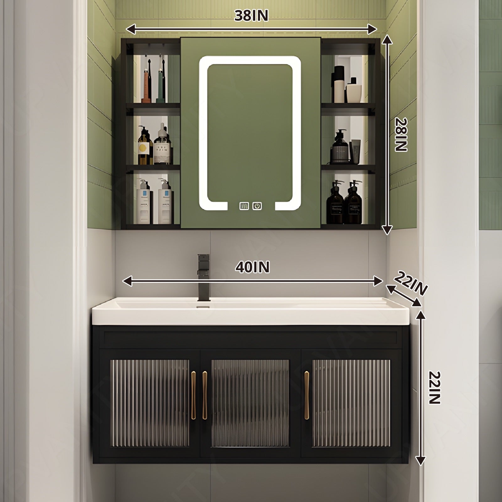 Modern Bath Vanity Set, Black, Striped Panel, 24"-40", Single, Floating, Glass Door, Gold Accents, Smart LED Mirror, Rear/Side Cabinet