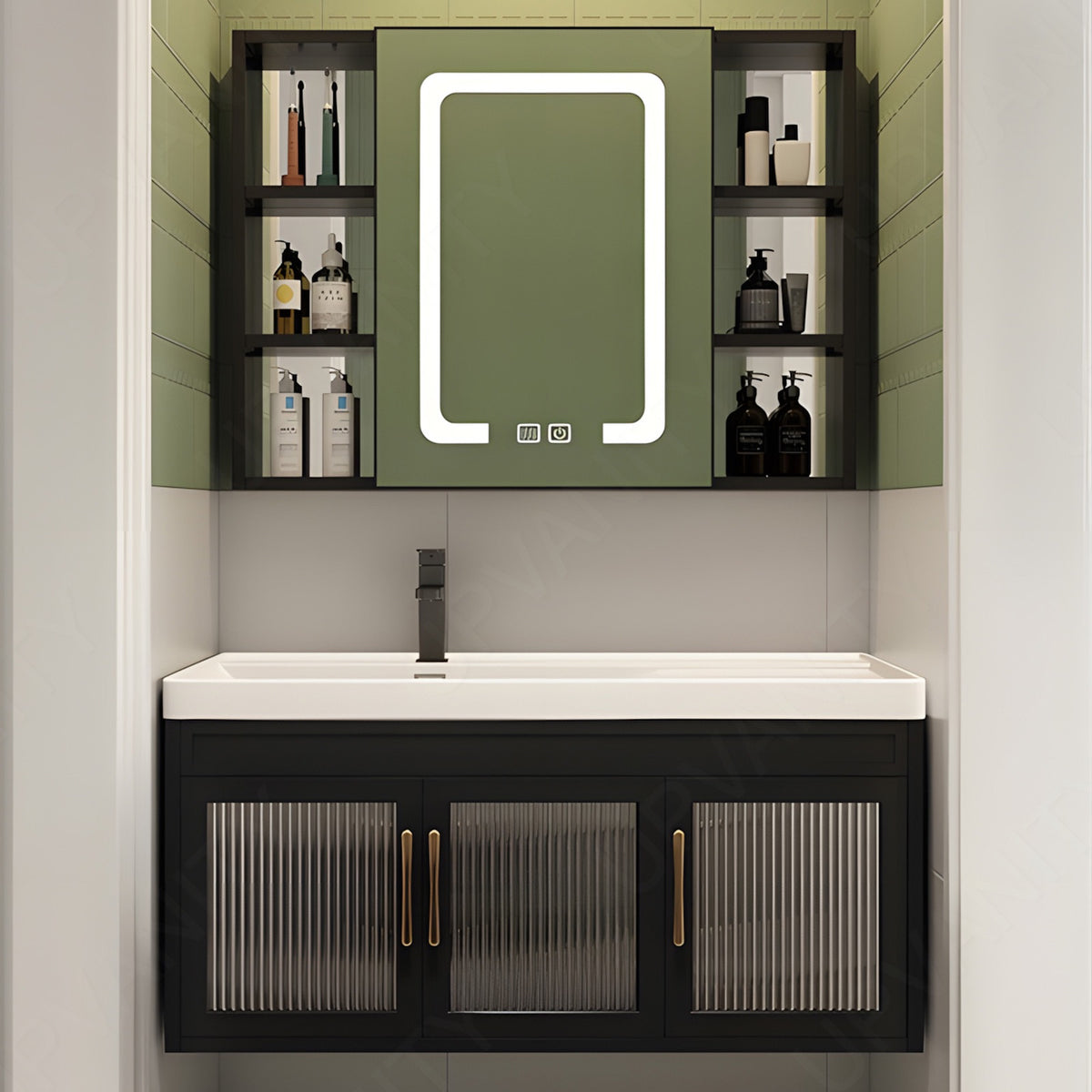 Modern Bath Vanity Set, Black, Striped Panel, 24"-40", Single, Floating, Glass Door, Gold Accents, Smart LED Mirror, Rear/Side Cabinet