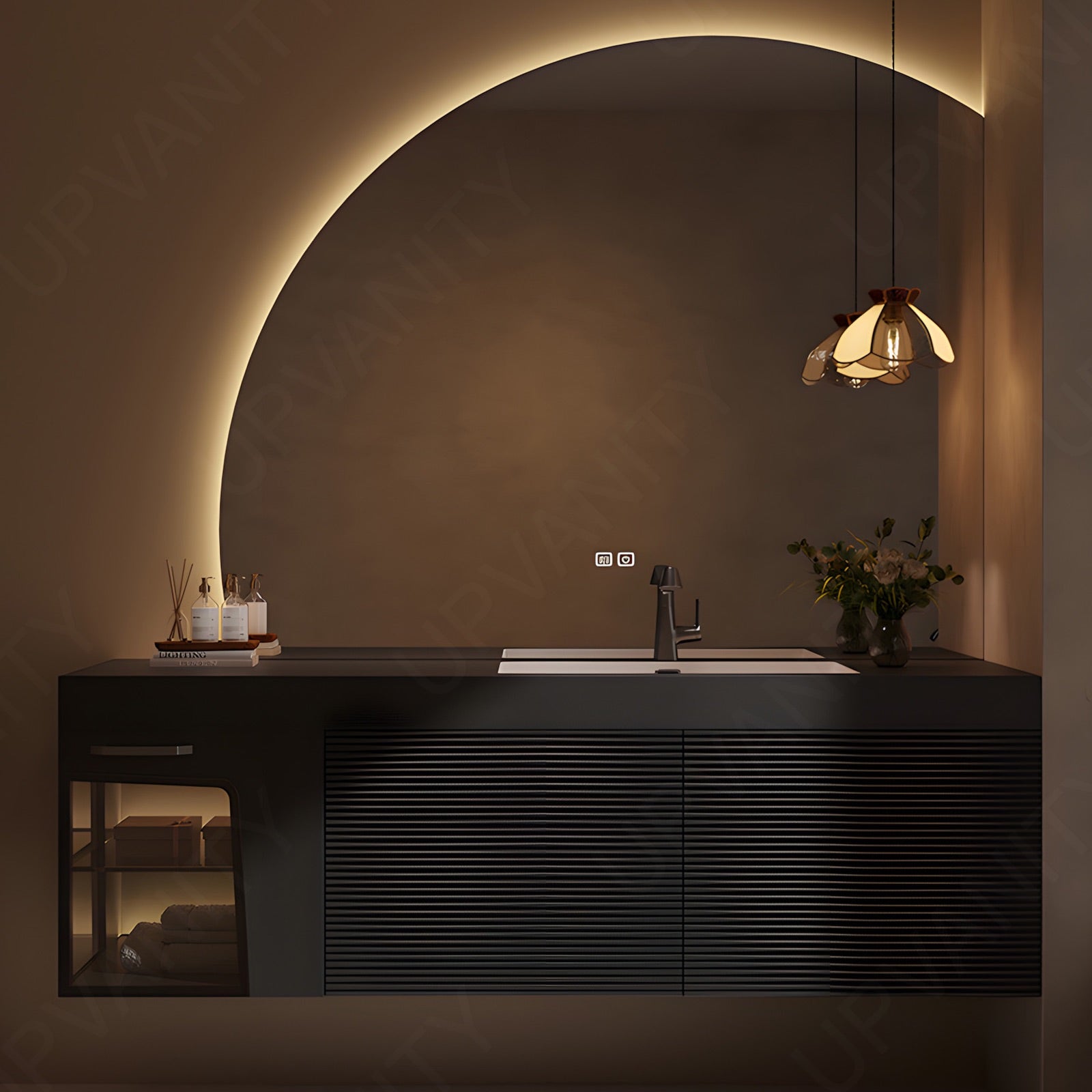 Modern Bath Vanity Set, Black, Striped Panel, 40"-60", Single, Floating, Glass Door, Smart LED Mirror