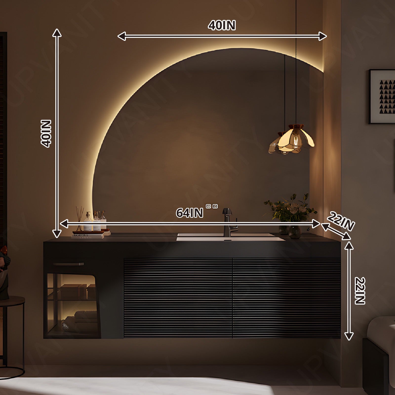 Modern Bath Vanity Set, Black, Striped Panel, 40"-64", Single, Floating, Glass Door, Smart LED Mirror