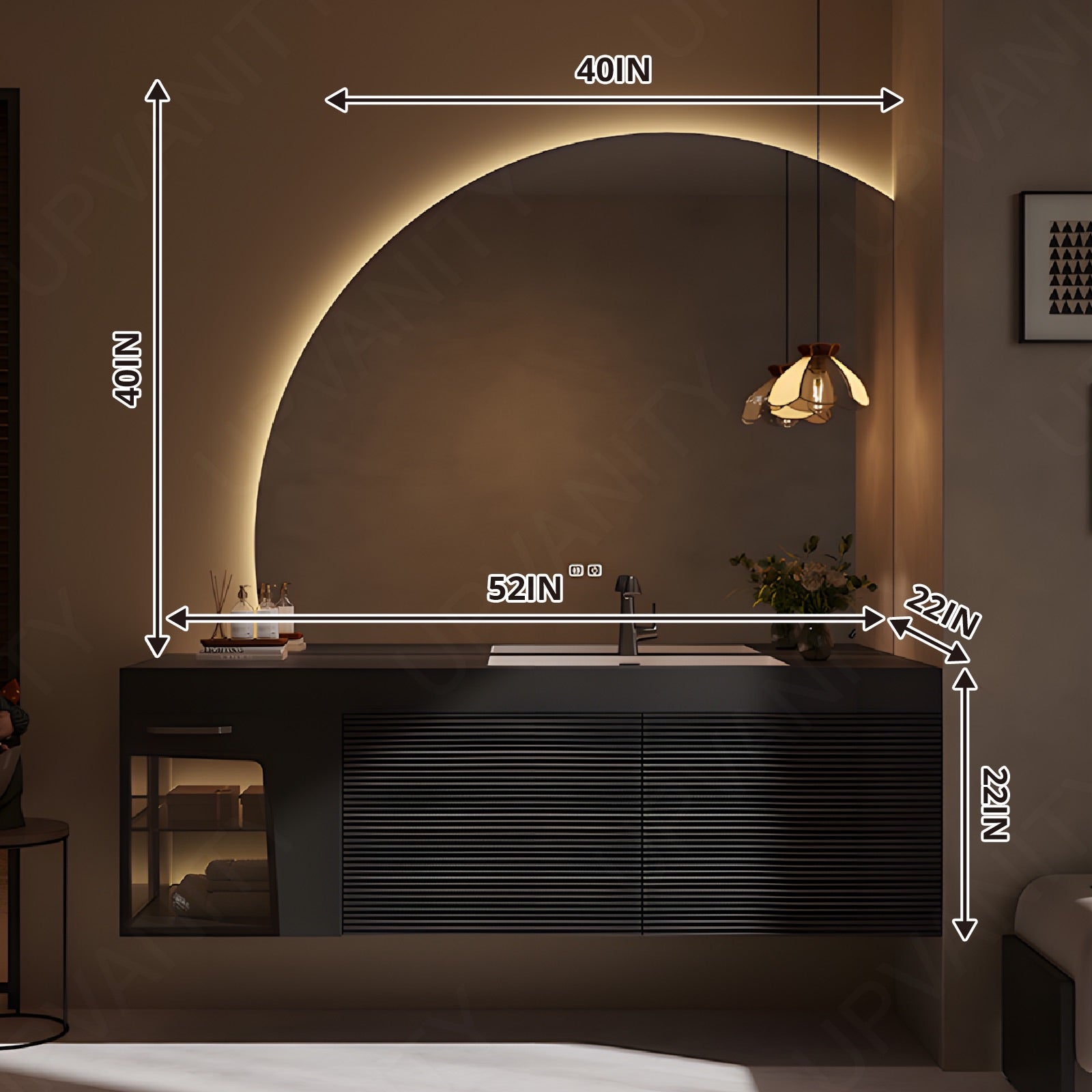 Modern Bath Vanity Set, Black, Striped Panel, 40"-64", Single, Floating, Glass Door, Smart LED Mirror