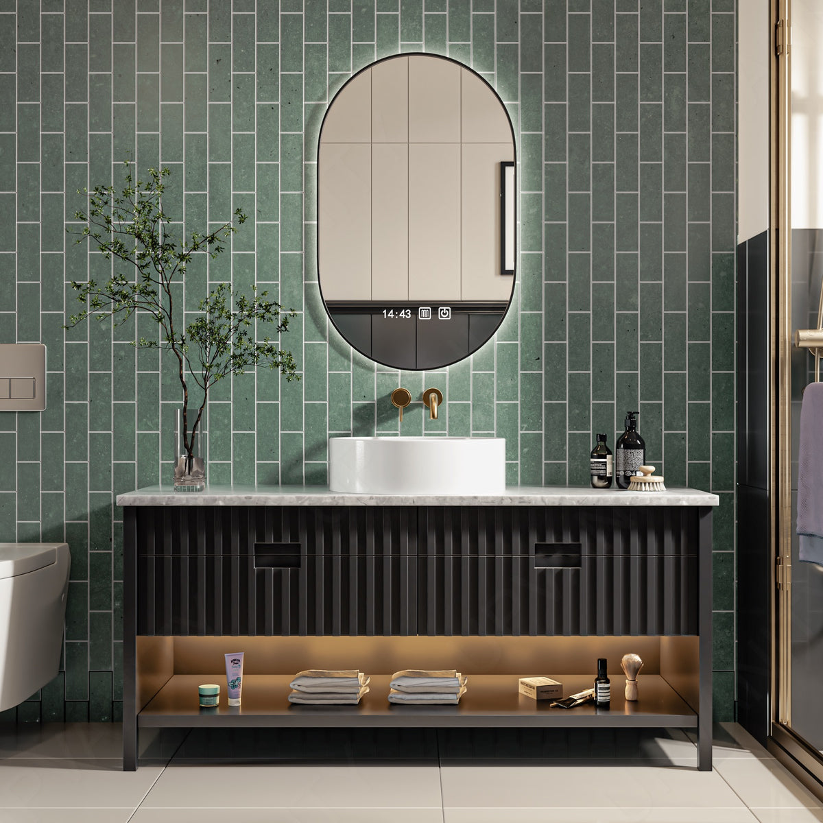 Modern Bath Vanity Set, Black, Striped Panel, 40"-64", Single Vessel Sink, Freestanding, Open Storage, Oval Smart LED Mirror