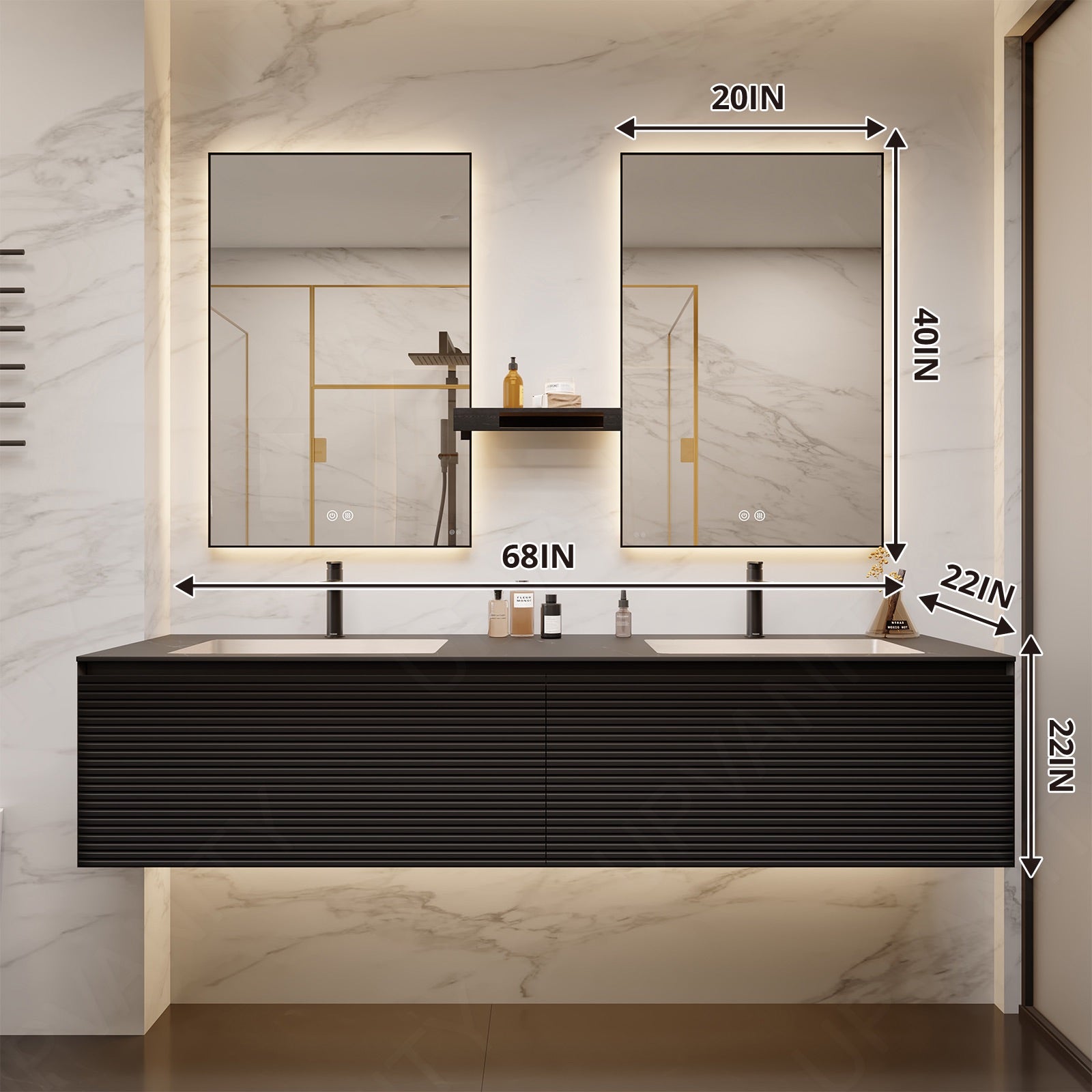 Modern Bath Vanity Set, Black, Striped Panel, 40"-78", Single/Double, Floating, Smart LED Mirror