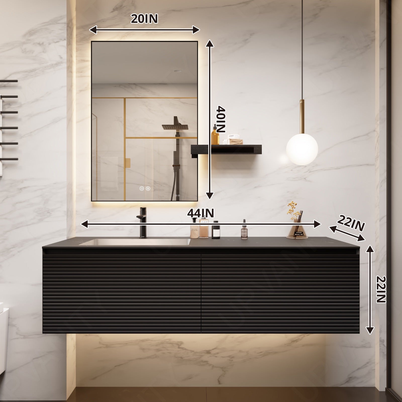 Modern Bath Vanity Set, Black, Striped Panel, 40"-78", Single/Double, Floating, Smart LED Mirror