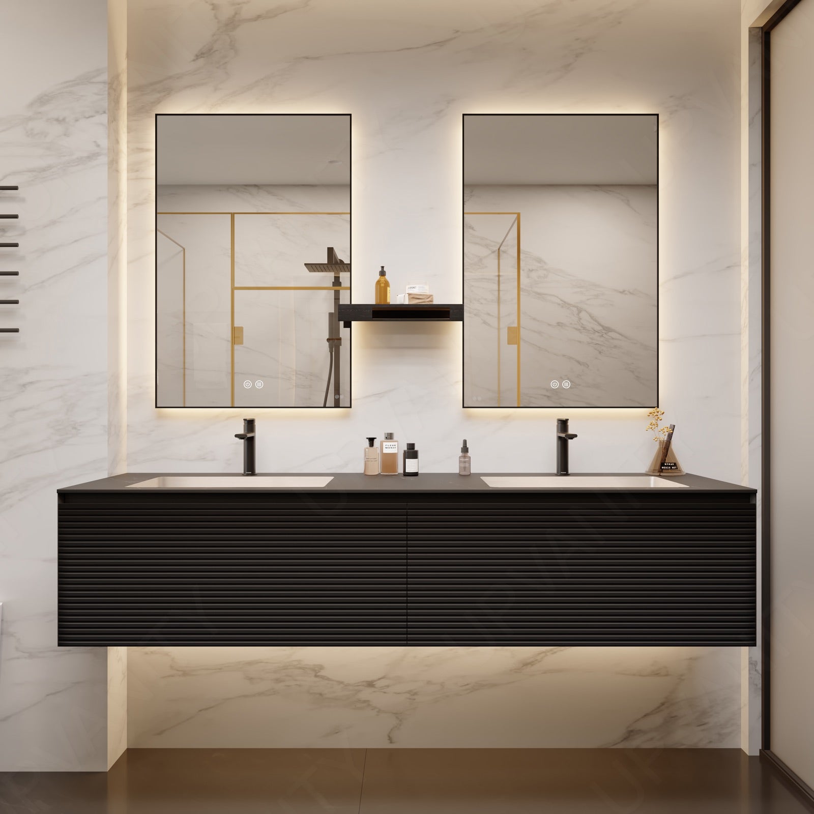 Modern Bath Vanity Set, Black, Striped Panel, 40"-78", Single/Double, Floating, Smart LED Mirror