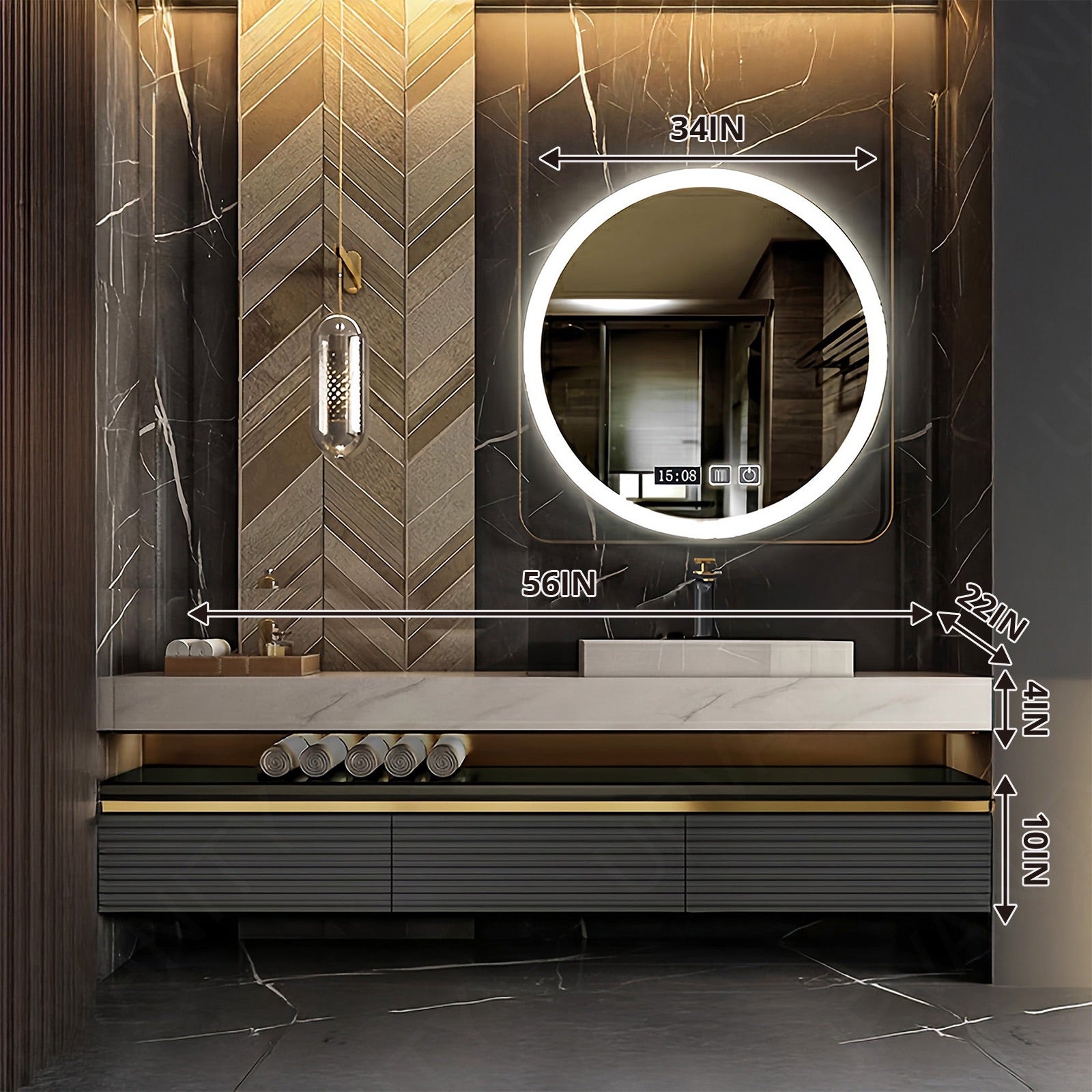 Modern Bath Vanity Set, Black, Striped Panel, Open Storage, 40"- 64", Single Vessel Sink, Floating, Smart LED Mirror