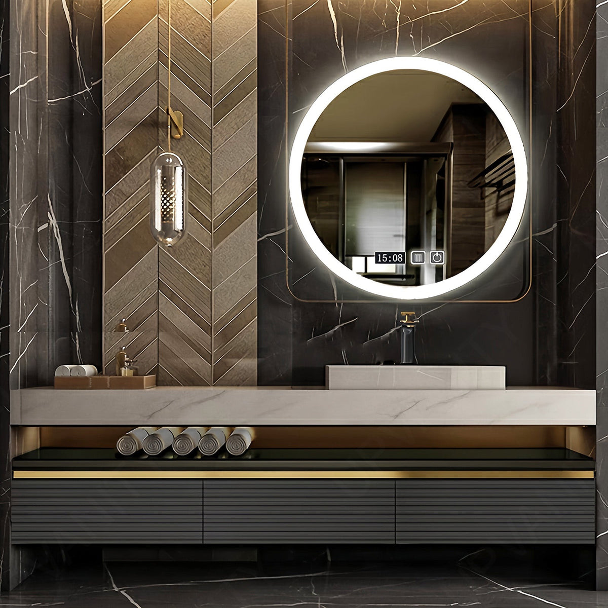 Modern Bath Vanity Set, Black, Striped Panel, Open Storage, 40"- 64", Single Vessel Sink, Floating, Smart LED Mirror