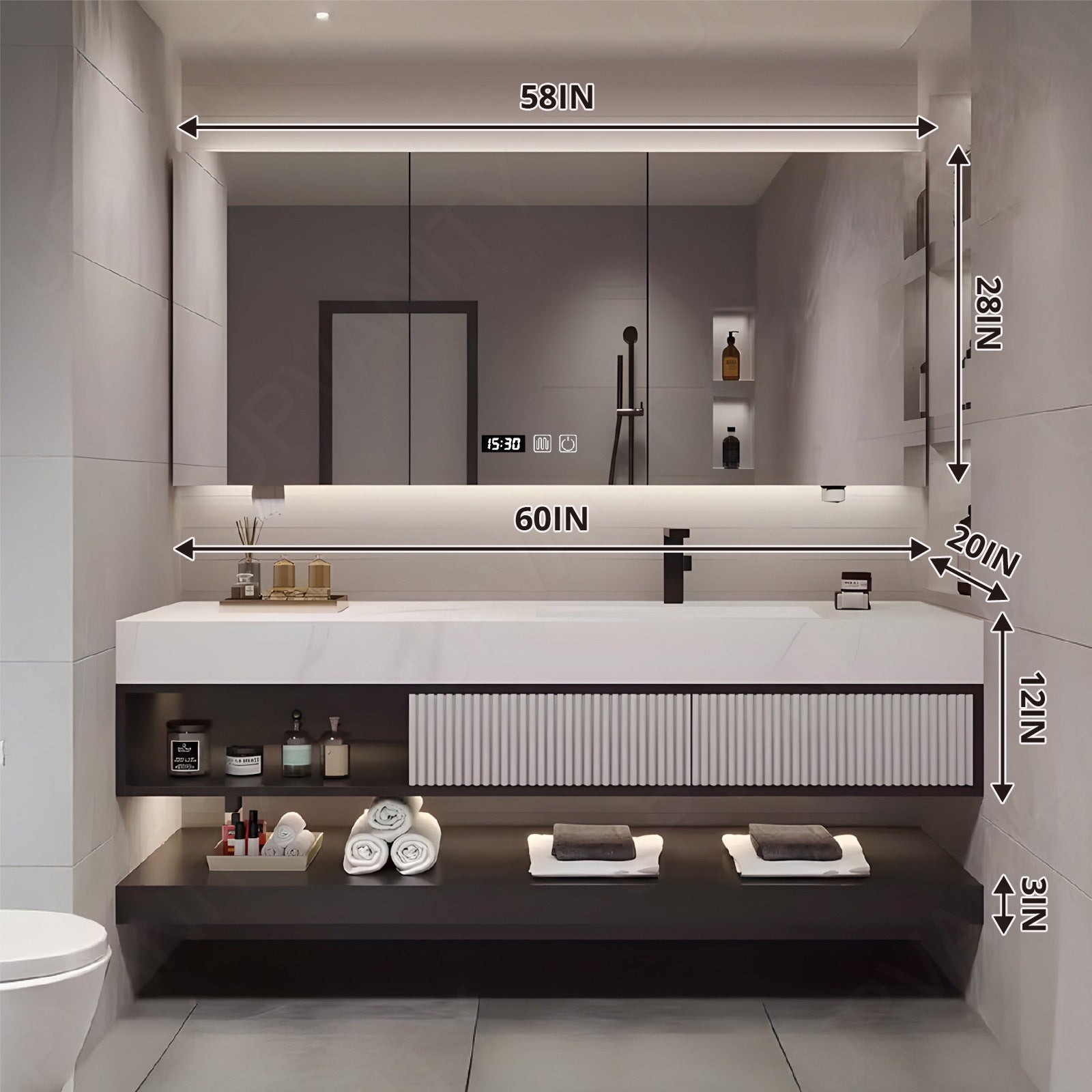 Modern Bath Vanity Set, Black, White Accents, 56"-78", Single, Floating, Striped Panel, Smart LED Mirror, Rear Cabinet