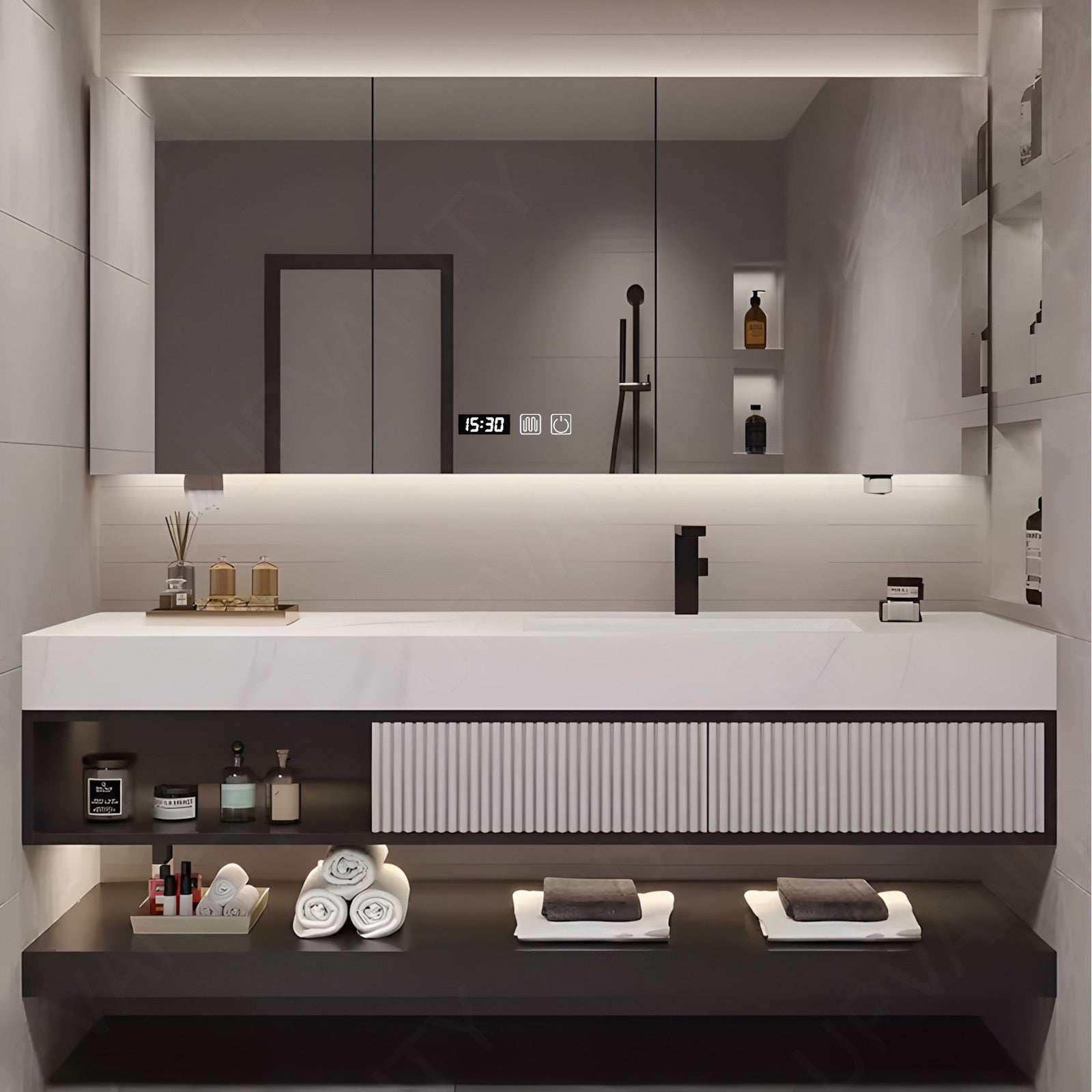 Split Vanity Modern Bath Vanity Set, Black, Split Black Top, 56