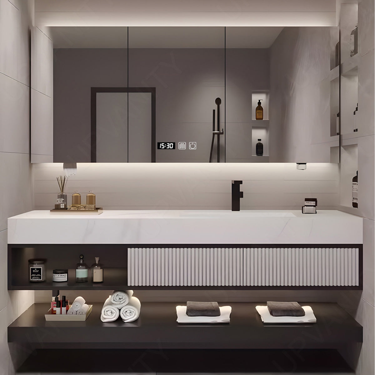 Modern Bath Vanity Set, Black, White Accents, 56"-78", Single, Floating, Striped Panel, Smart LED Mirror, Rear Cabinet
