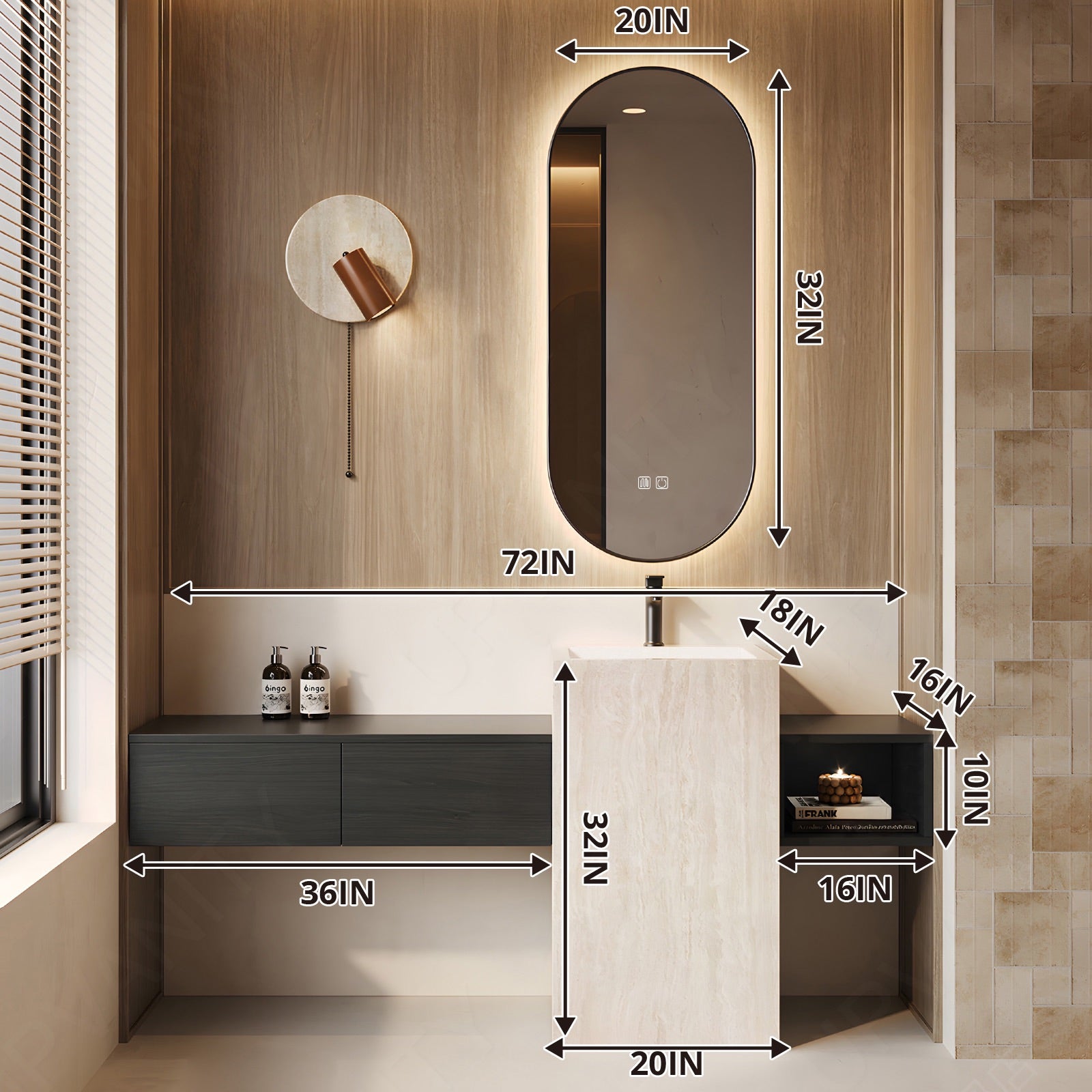 Modern Bath Vanity Set, Black, White Column, 56"- 72", Single, Freestanding, Open Storage, Oval Smart LED Mirror