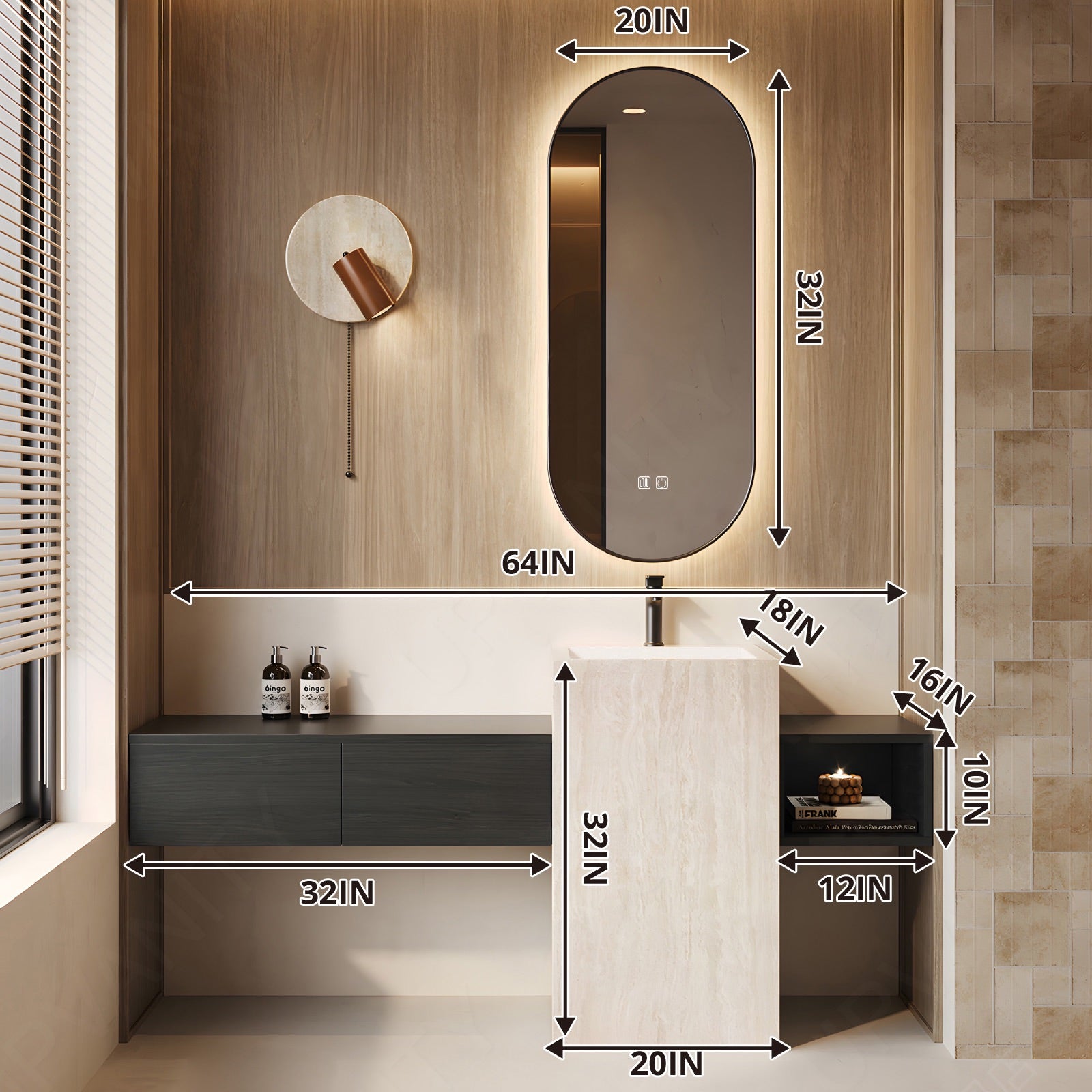 Modern Bath Vanity Set, Black, White Column, 56"- 72", Single, Freestanding, Open Storage, Oval Smart LED Mirror