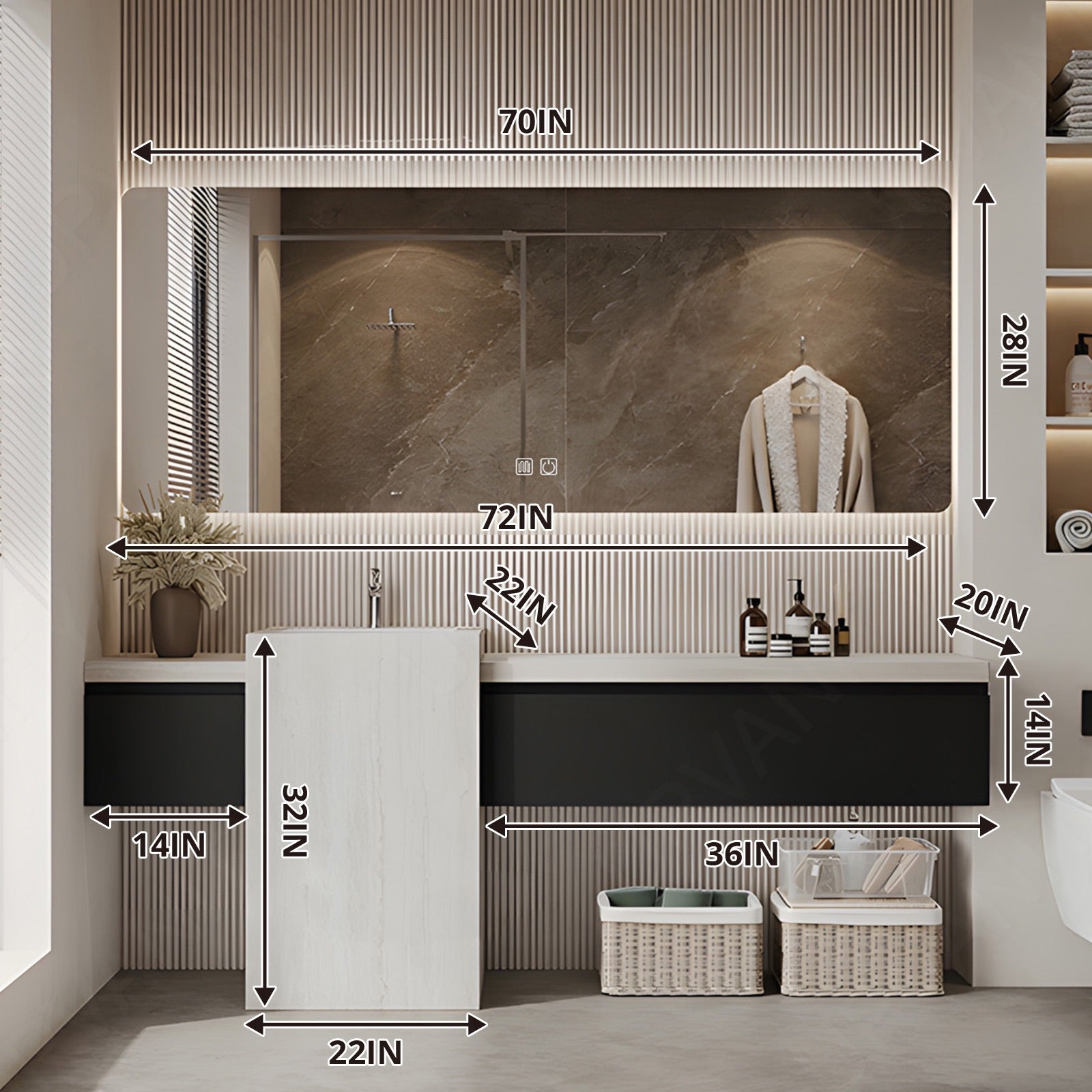 Modern Bath Vanity Set, Black, White Column, 56"- 72", Single, Freestanding, Smart LED Mirror