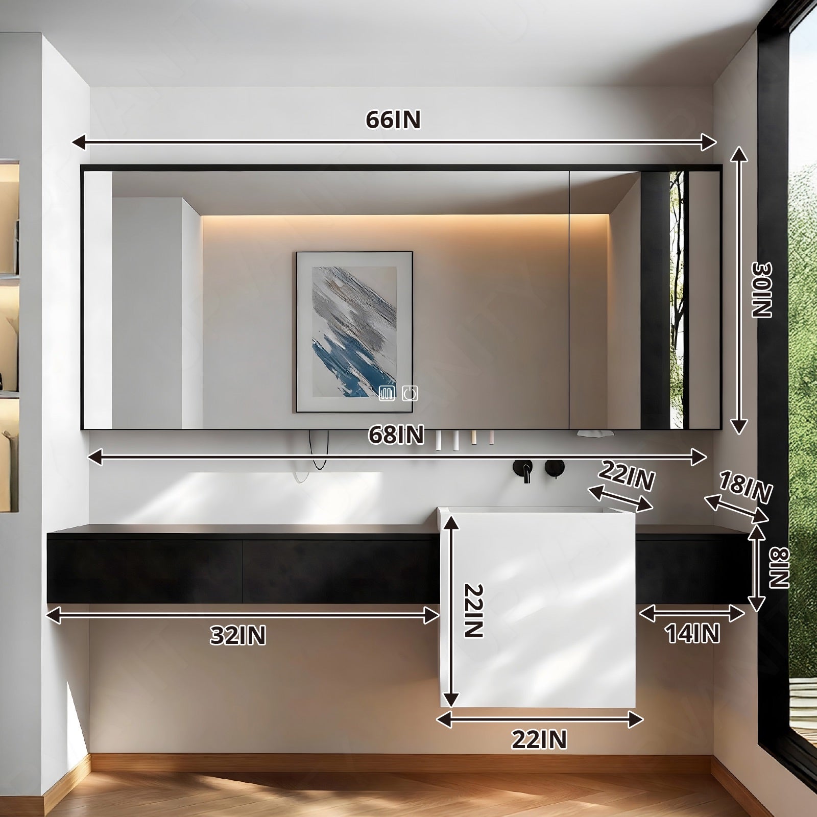 Modern Bath Vanity Set, Black, White Column, 64"-76", Single, Floating, Smart LED Mirror, Rear Cabinet