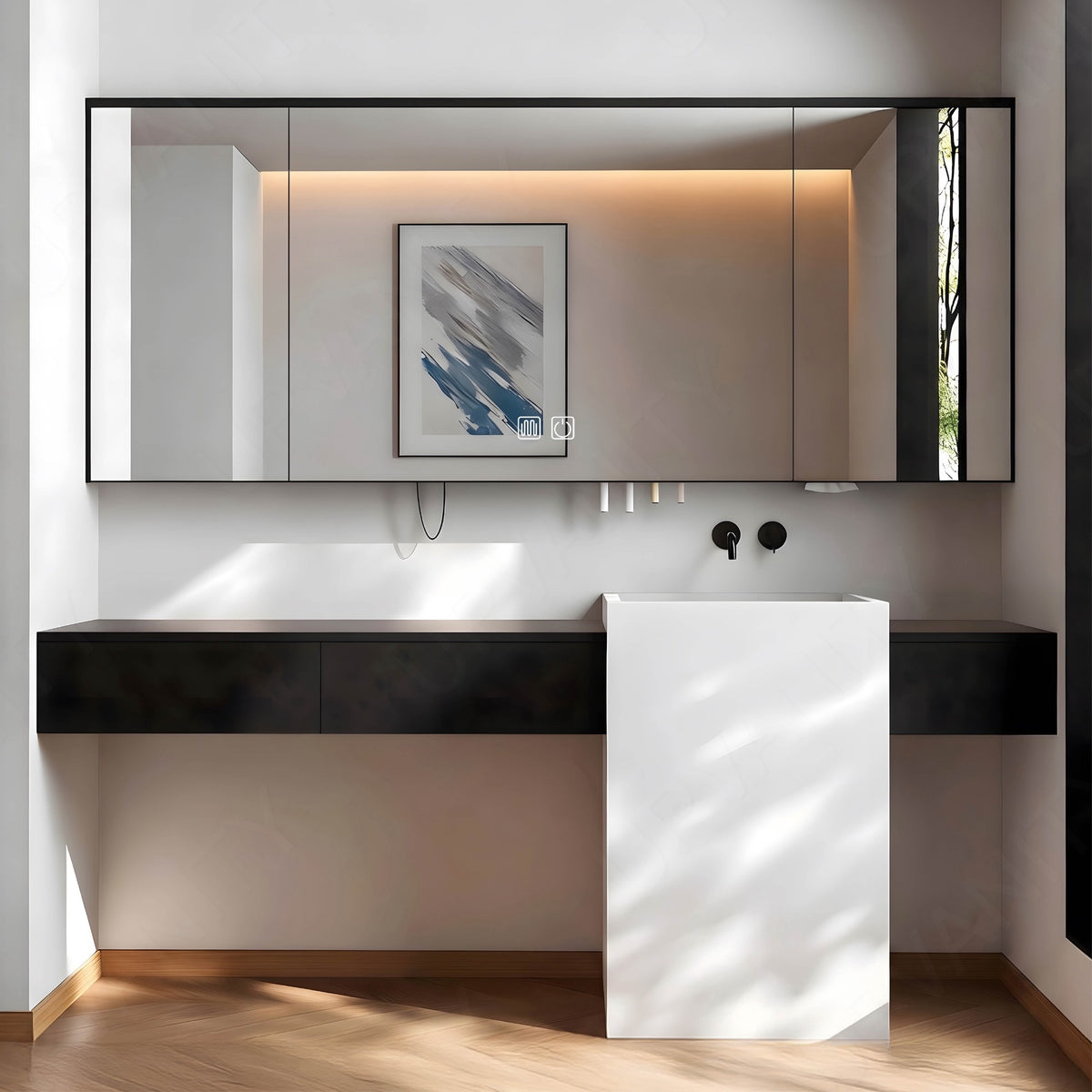 Modern Bath Vanity Set, Black, White Column, 64"-76", Single, Floating, Smart LED Mirror, Rear Cabinet