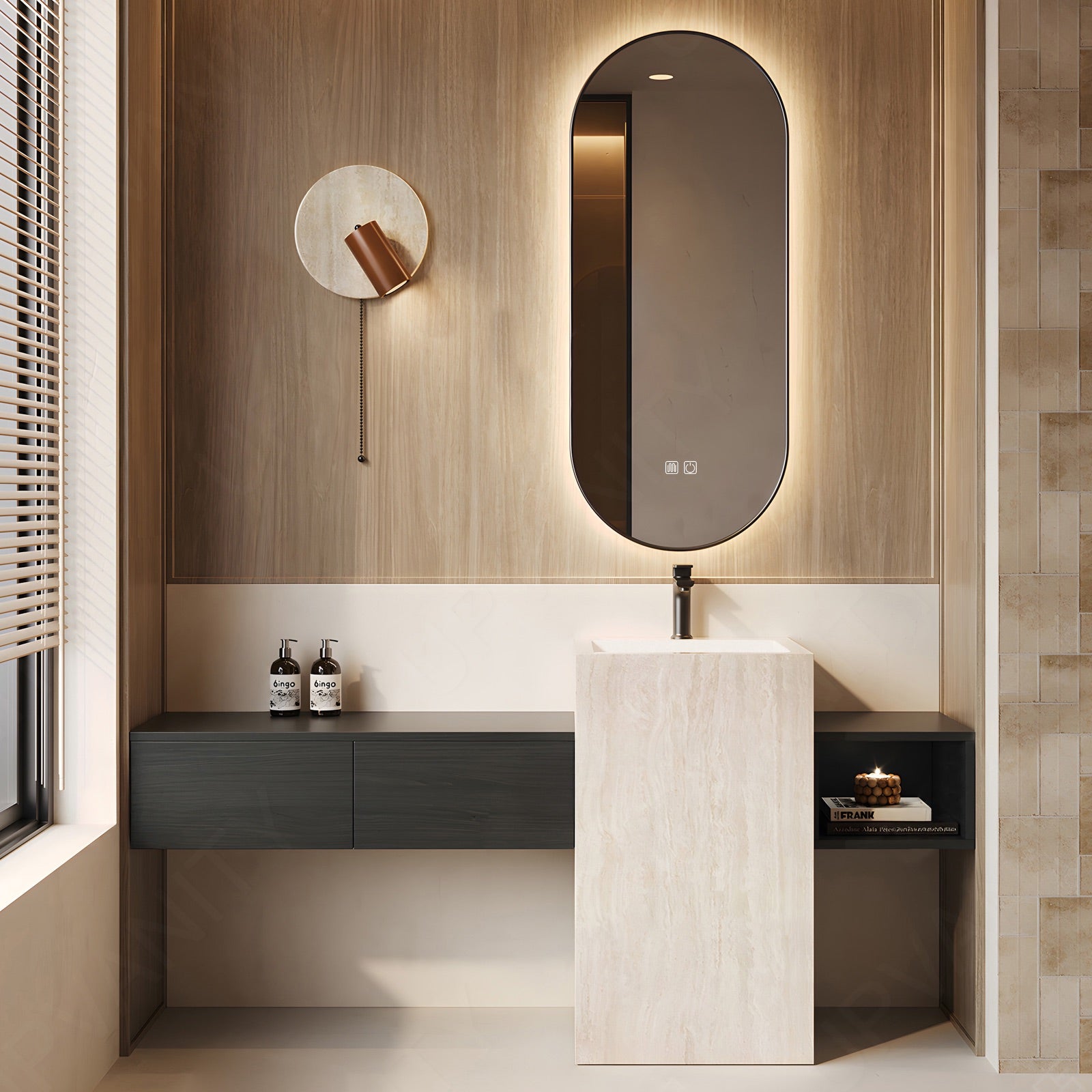 Modern Bath Vanity Set, Black, White Column, 64"- 76", Single, Freestanding, Open Storage, Oval Smart LED Mirror