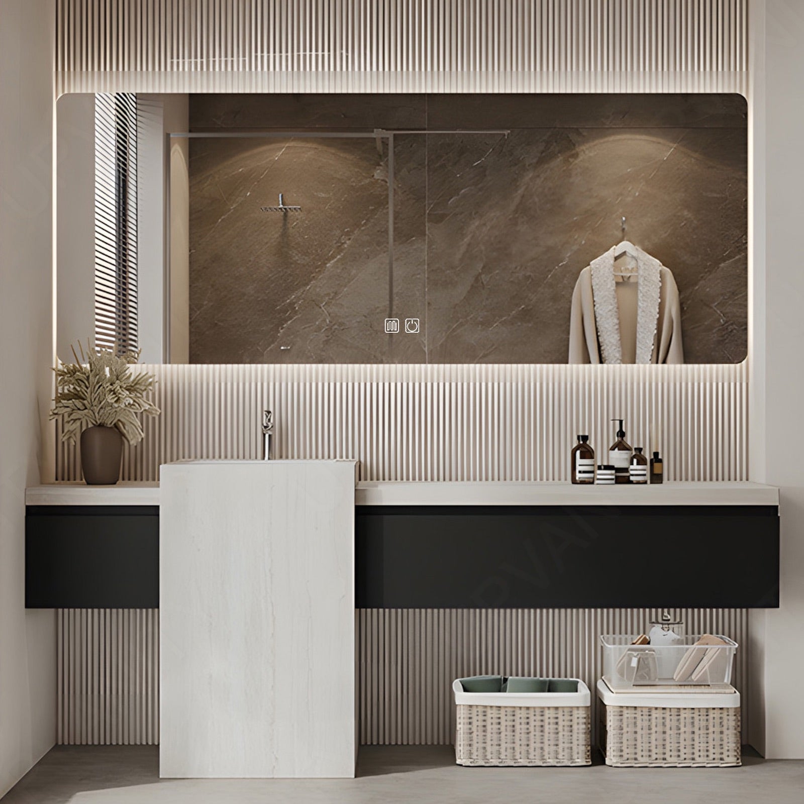 Modern Bath Vanity Set, Black, White Column, 64"- 76", Single, Freestanding, Smart LED Mirror