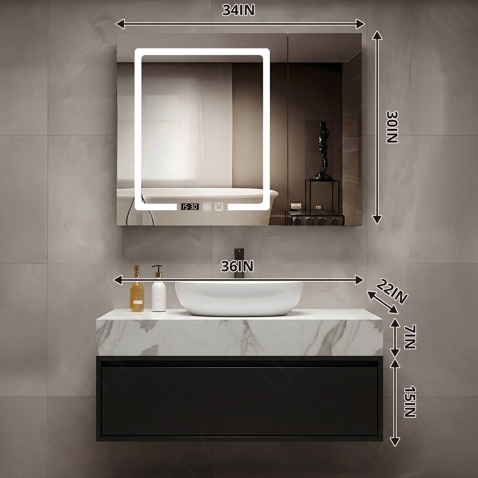Modern Bath Vanity Set, Black, White Marble Textured Top, 36"-52", Single, Floating, Vessel Sink, Smart LED Mirror, Rear Cabinet