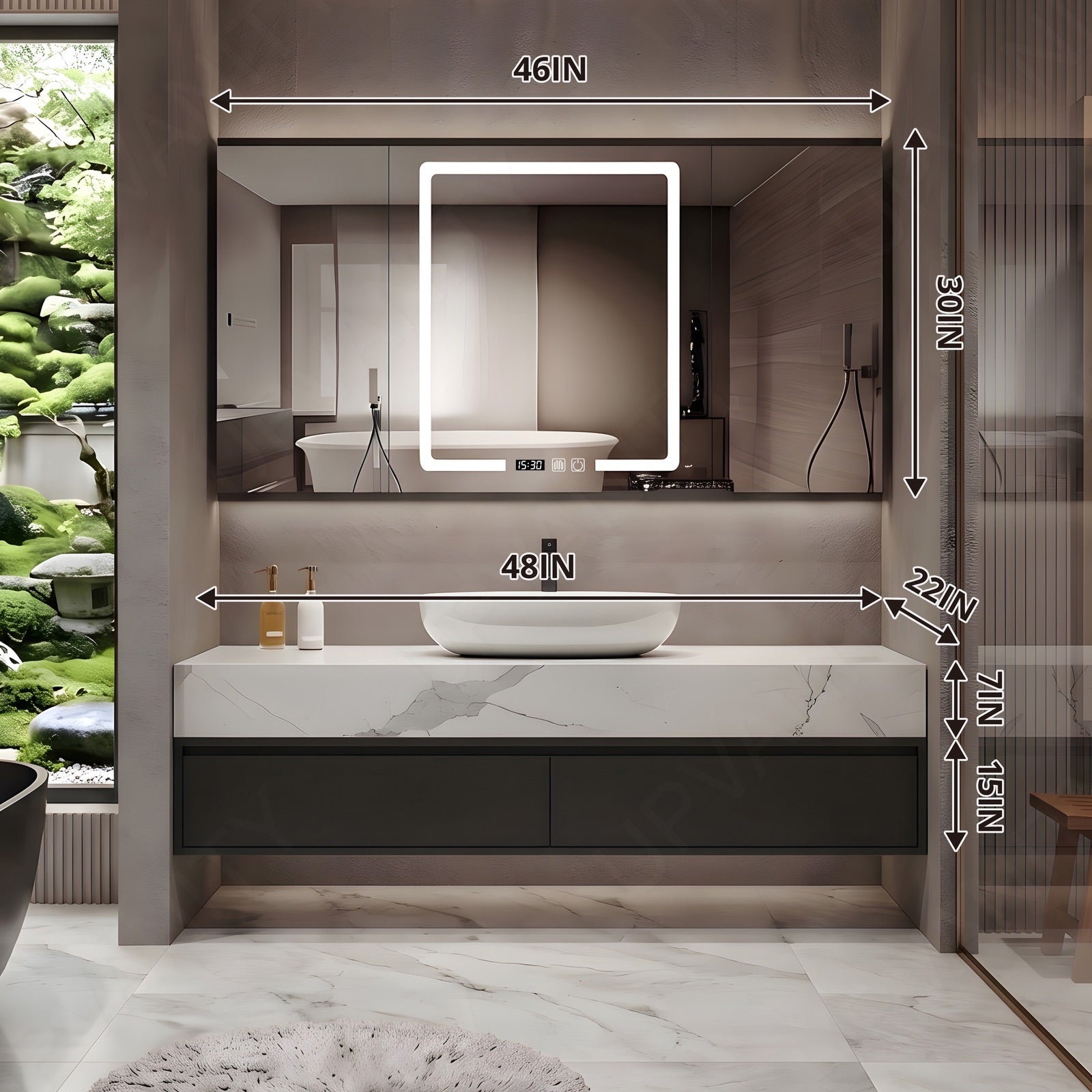 Modern Bath Vanity Set, Black, White Marble Textured Top, 36"-52", Single, Floating, Vessel Sink, Smart LED Mirror, Rear Cabinet