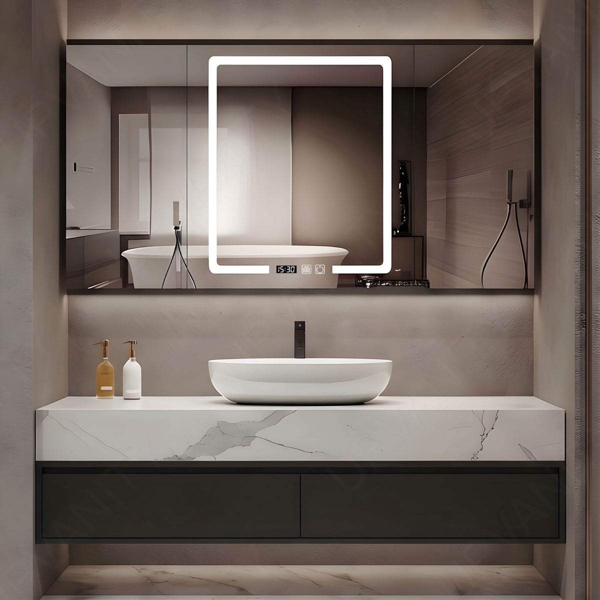 Modern Bath Vanity Set, Black, White Marble Textured Top, 36"-52", Single, Floating, Vessel Sink, Smart LED Mirror, Rear Cabinet