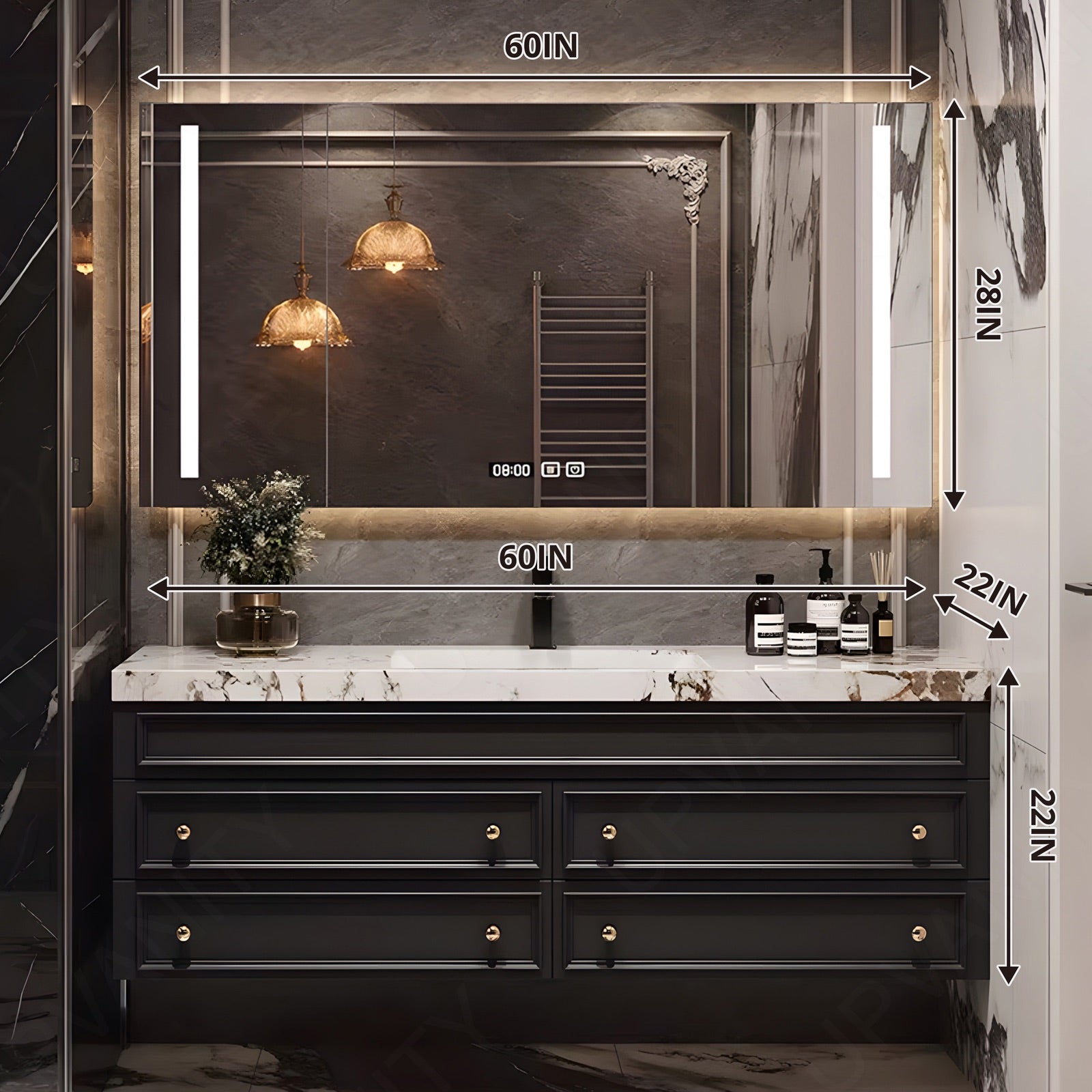 Modern Bath Vanity Set, Black, White Marble Textured Top, Gold Accents, 40"-64", Single, Floating, Smart LED Mirror, Rear Cabinet