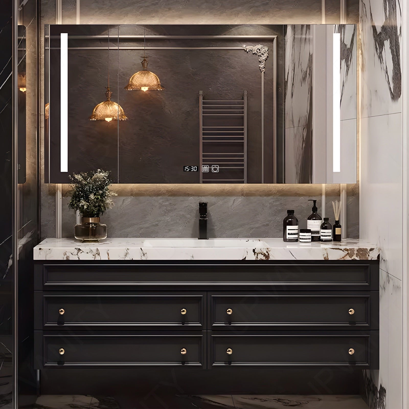 Modern Bath Vanity Set, Black, White Marble Textured Top, Gold Accents, 40"-64", Single, Floating, Smart LED Mirror, Rear Cabinet