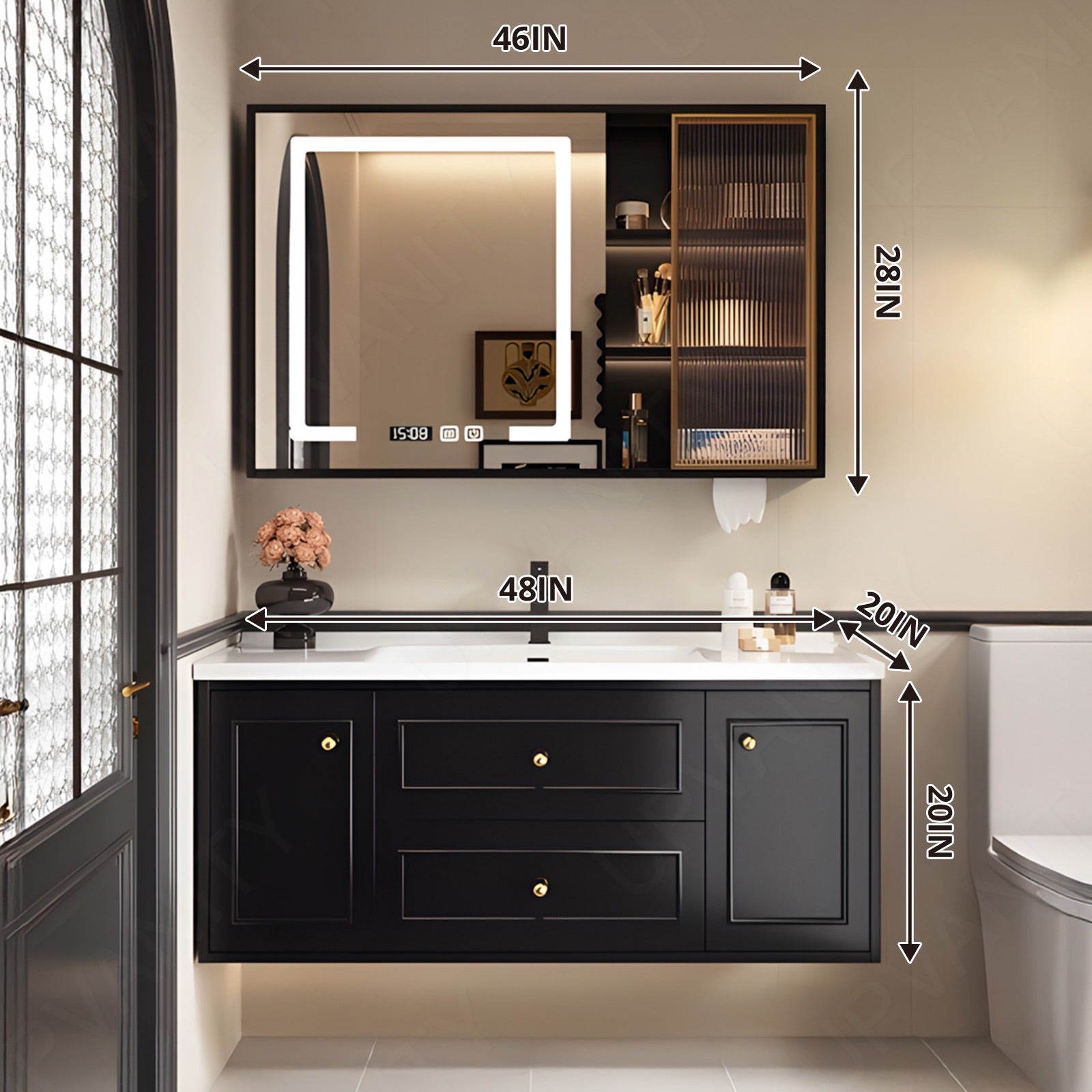 Modern Bath Vanity Set, Black, White Slate Top, 28"-48", Single, Floating, Gold Accents, Smart LED Mirror, Rear/Side Cabinet