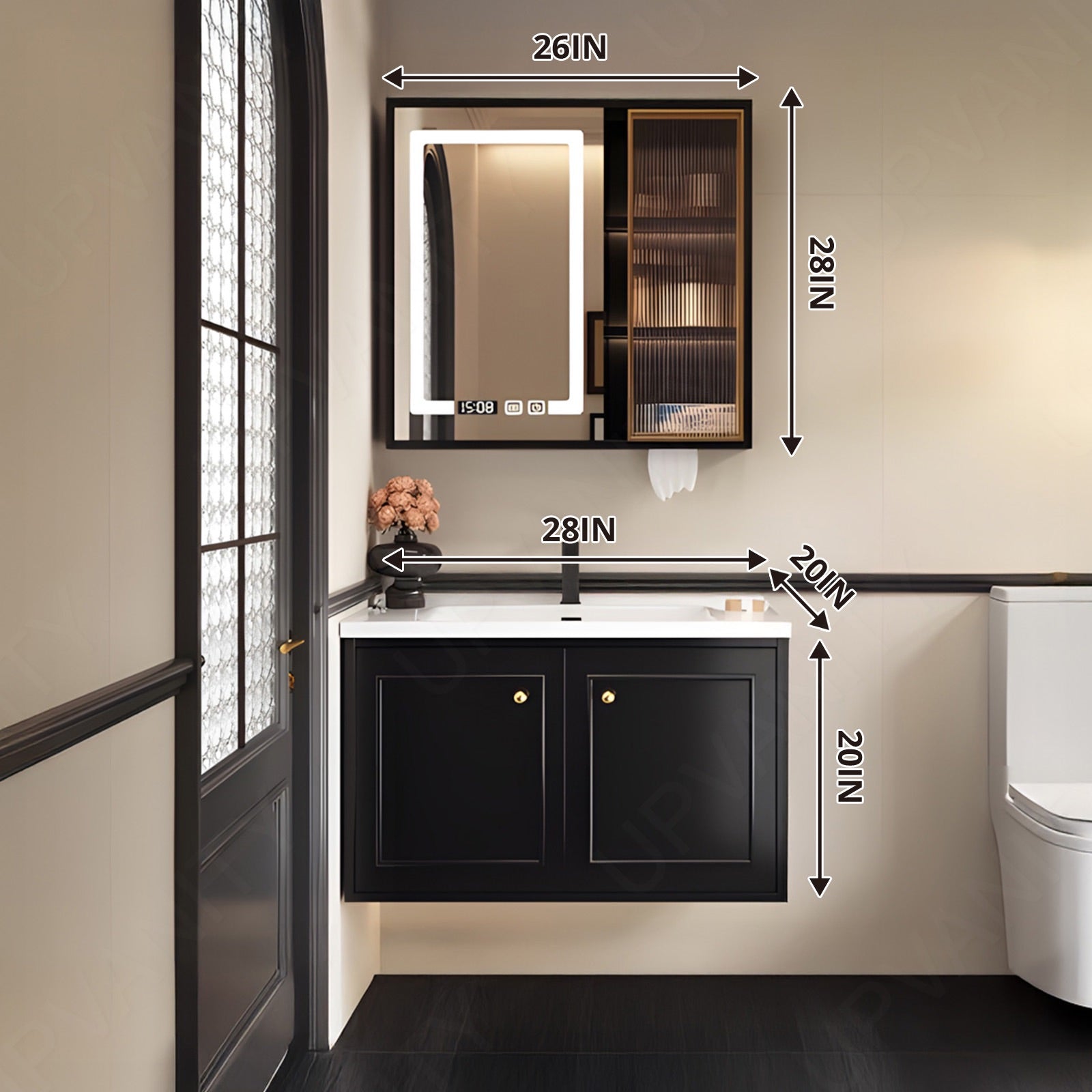 Modern Bath Vanity Set, Black, White Slate Top, 28"-48", Single, Floating, Gold Accents, Smart LED Mirror, Rear/Side Cabinet