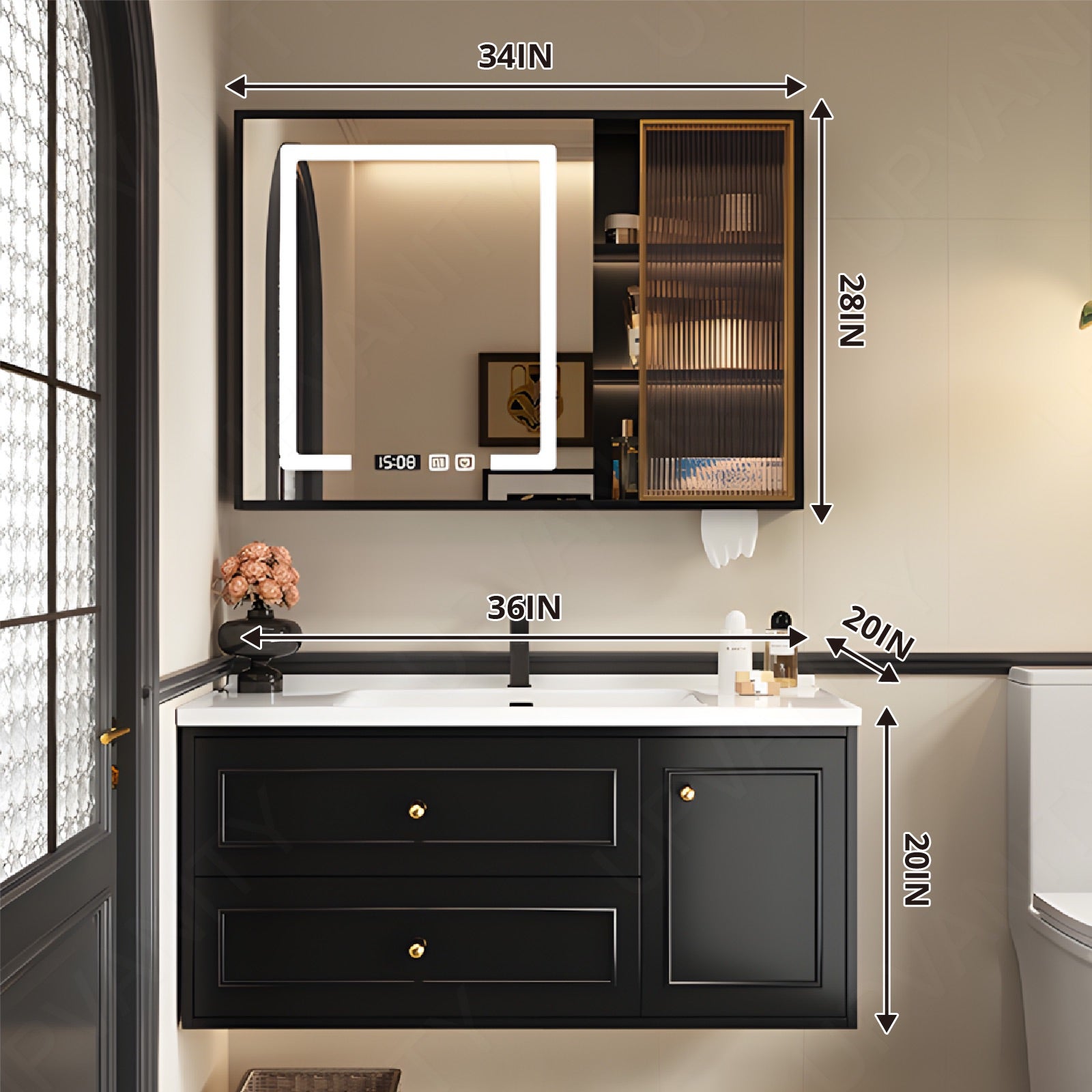 Modern Bath Vanity Set, Black, White Slate Top, 28"-48", Single, Floating, Gold Accents, Smart LED Mirror, Rear/Side Cabinet