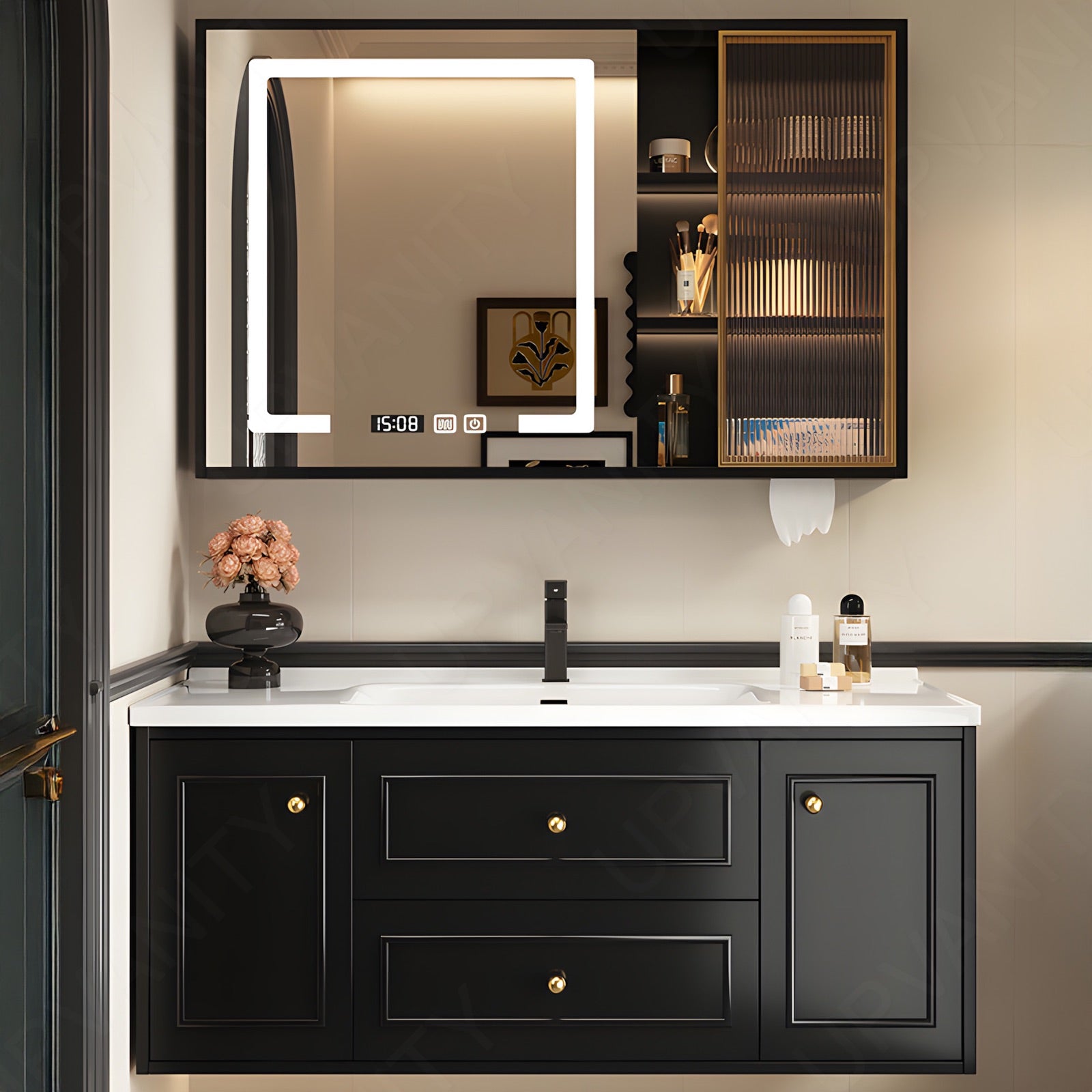 Modern Bath Vanity Set, Black, White Slate Top, 28"-48", Single, Floating, Gold Accents, Smart LED Mirror, Rear/Side Cabinet