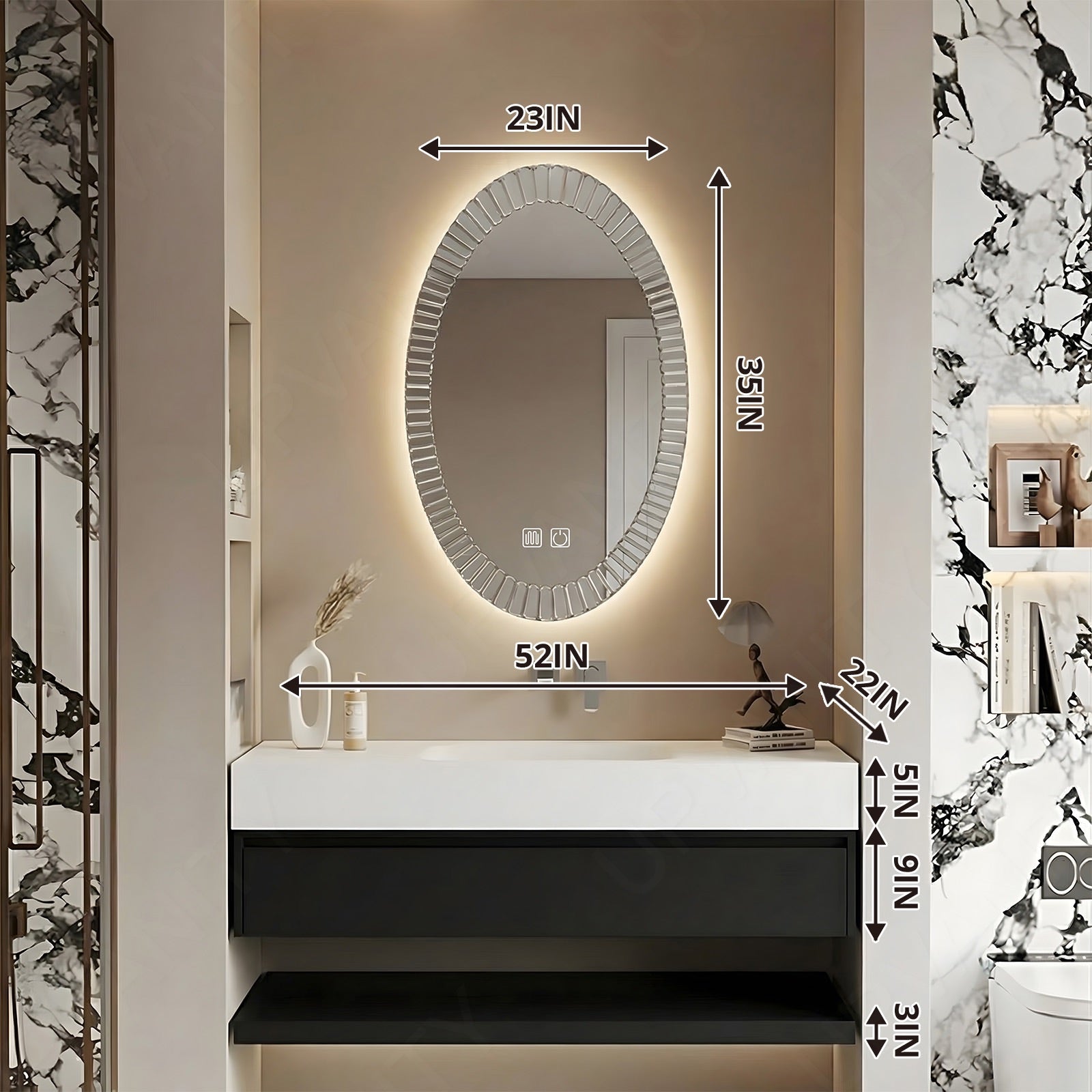 Modern Bath Vanity Set, Black, White Slate Top, 36"-60", Single, Floating, Open Storage, Oval Smart LED Mirror