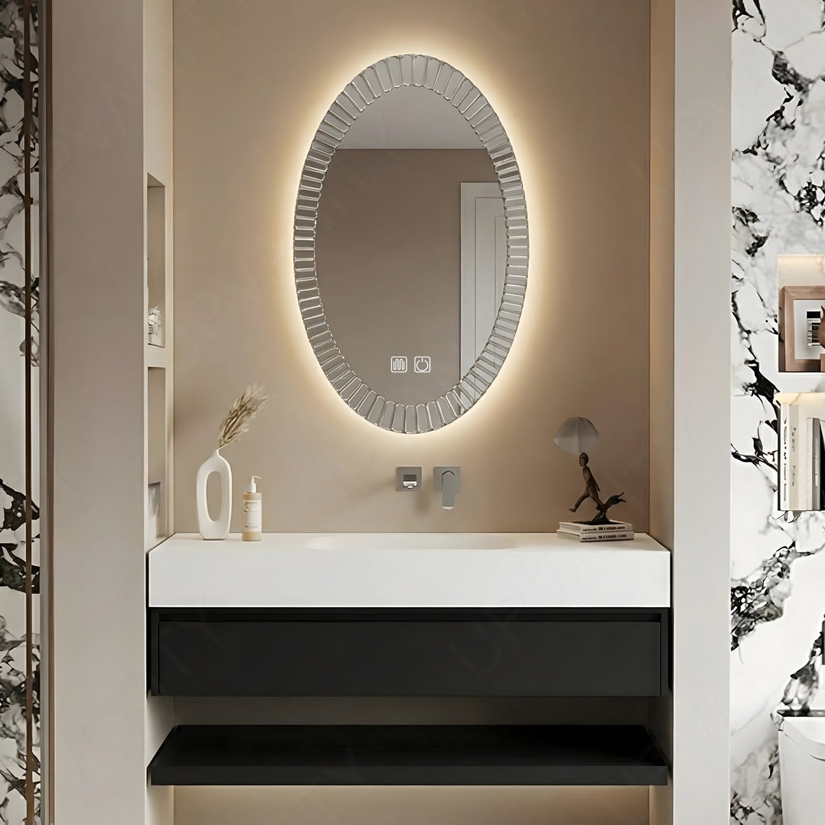 Modern Bath Vanity Set, Black, White Slate Top, 36"-60", Single, Floating, Open Storage, Oval Smart LED Mirror