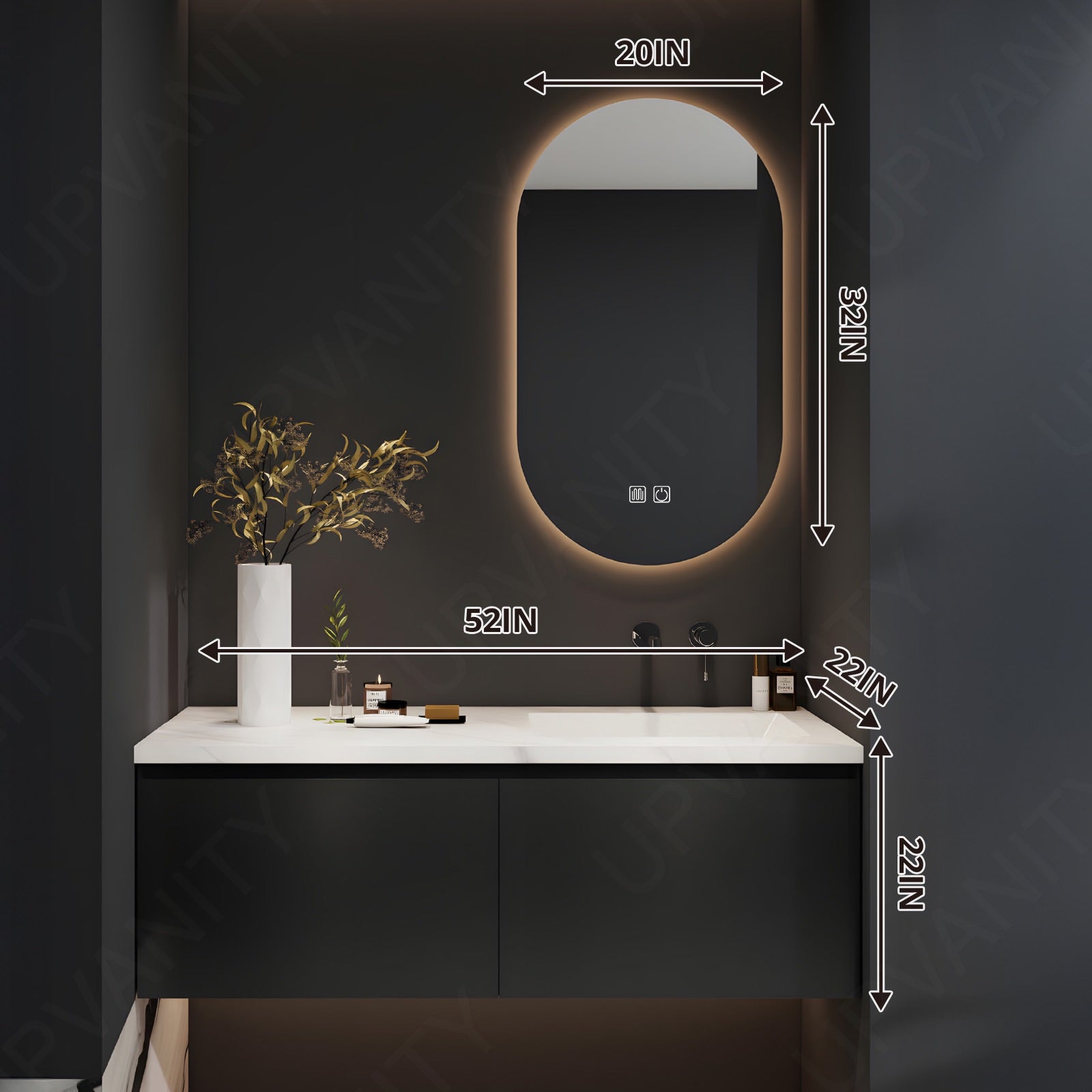 Modern Bath Vanity Set, Black, White Slate Top, 40"-64", Single, Floating, Oval Smart LED Mirror