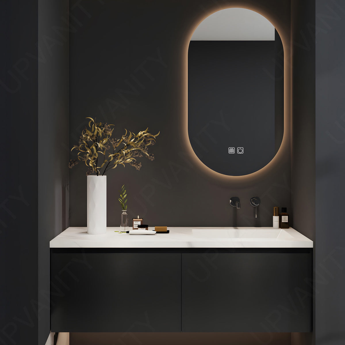 Modern Bath Vanity Set, Black, White Slate Top, 40"-64", Single, Floating, Oval Smart LED Mirror
