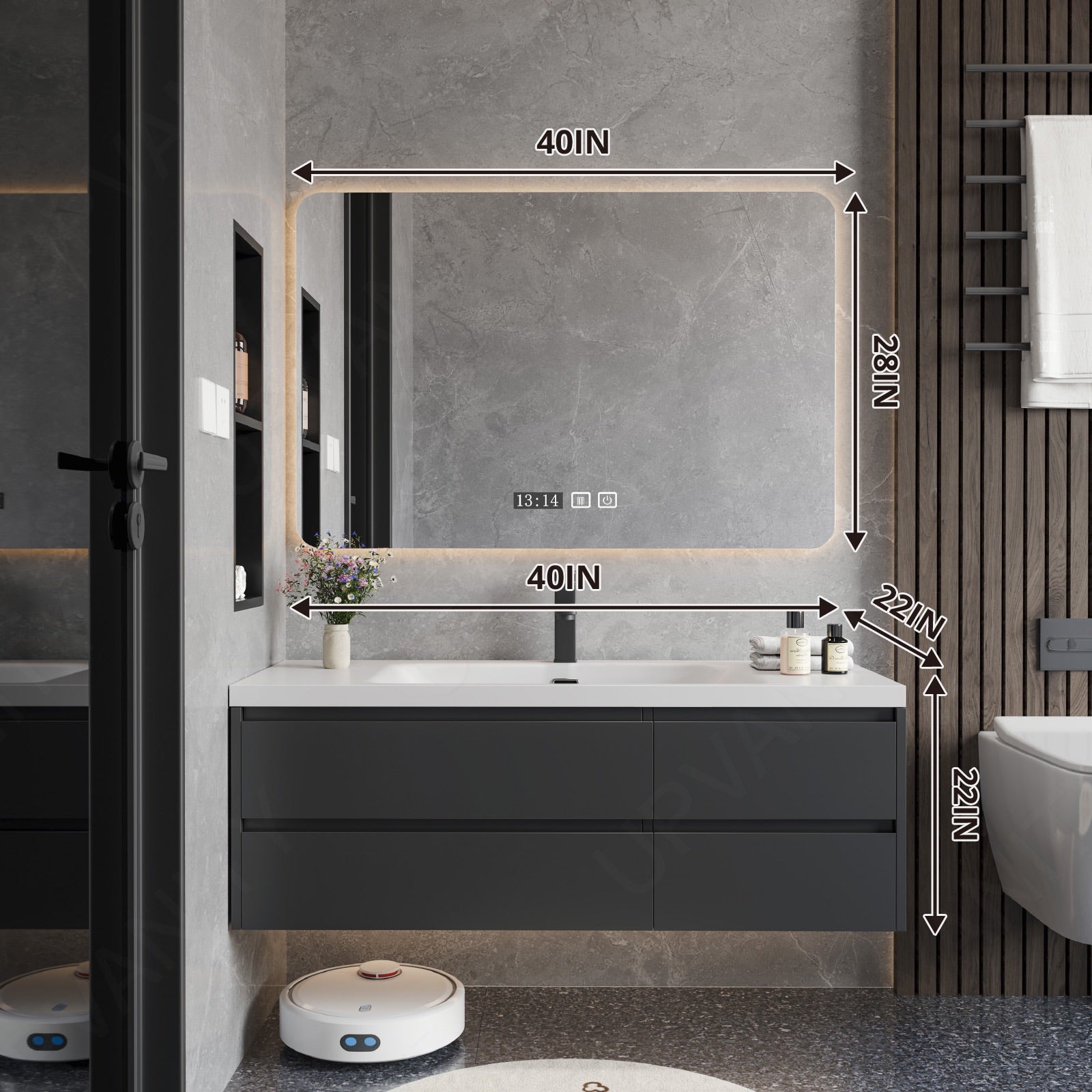Modern Bath Vanity Set, Black, White Slate Top, 40"-64", Single, Floating, Sectional Storage, Smart LED Mirror