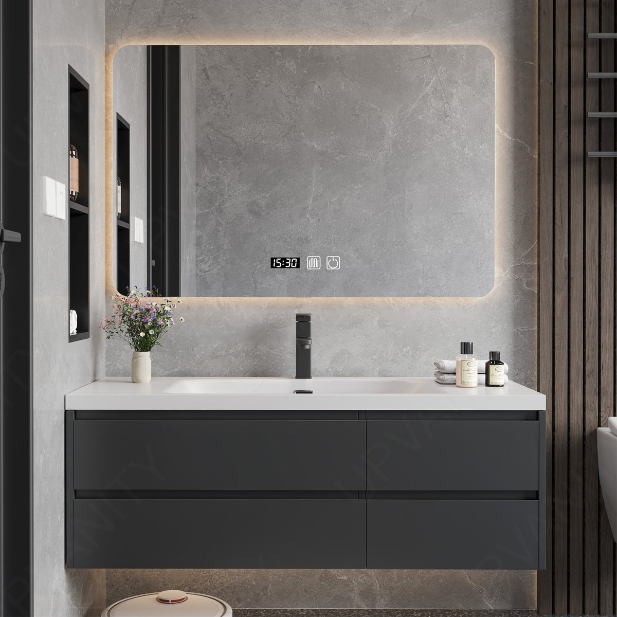 Modern Bath Vanity Set, Black, White Slate Top, 40"-64", Single, Floating, Sectional Storage, Smart LED Mirror