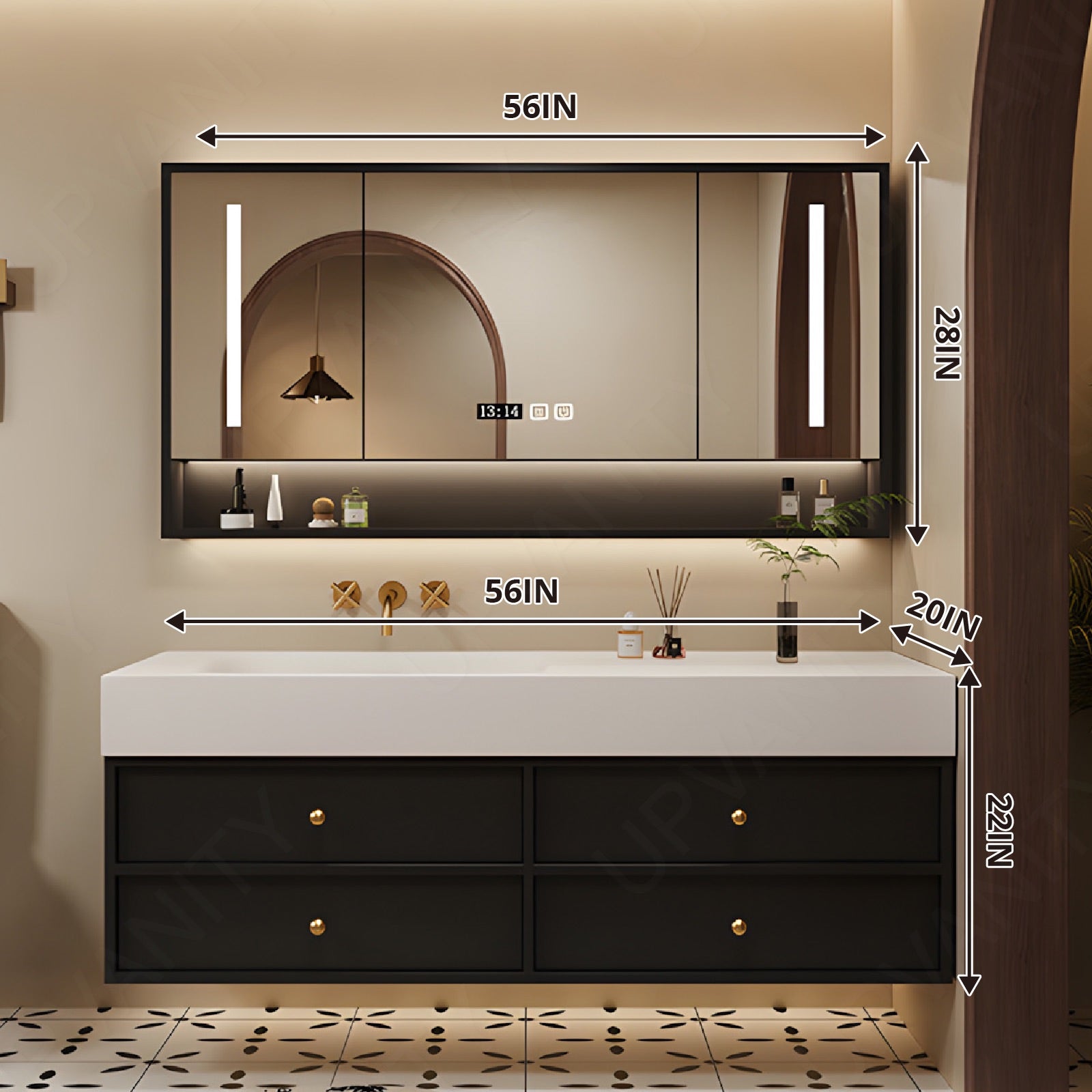 Modern Bath Vanity Set, Black, White Slate Top, 44"-64", Single, Floating, Open Storage, Smart LED Mirror, Rear Cabinet